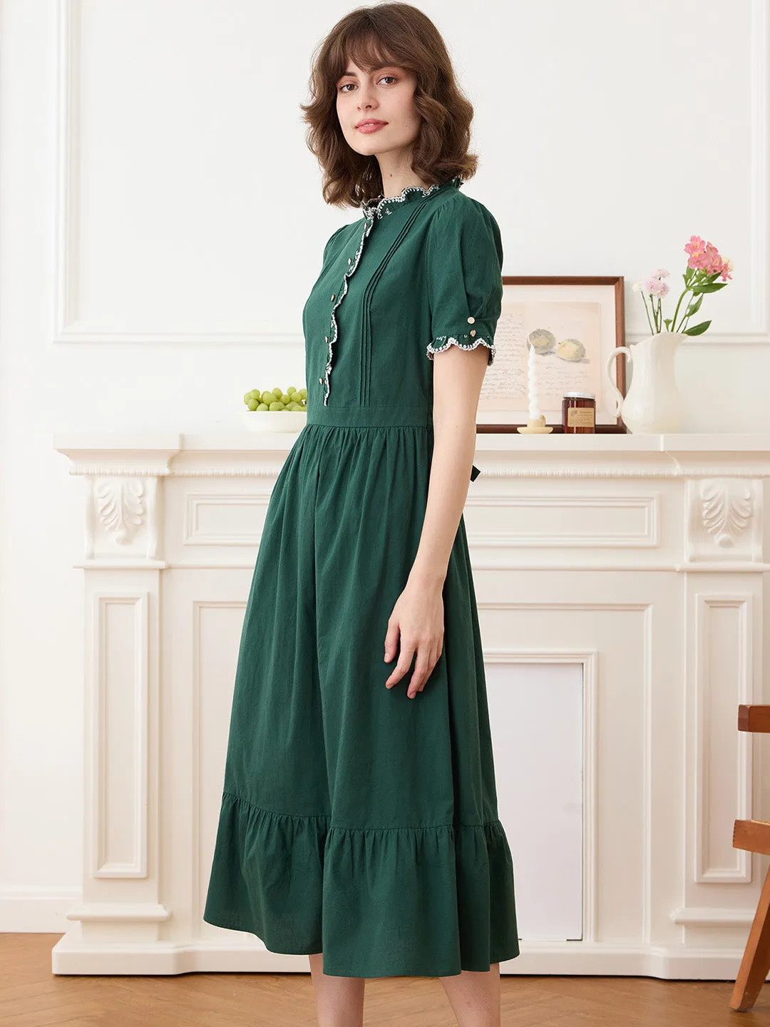 【Final Sale】Romina Cotton Vintage Embroidered Green Dress