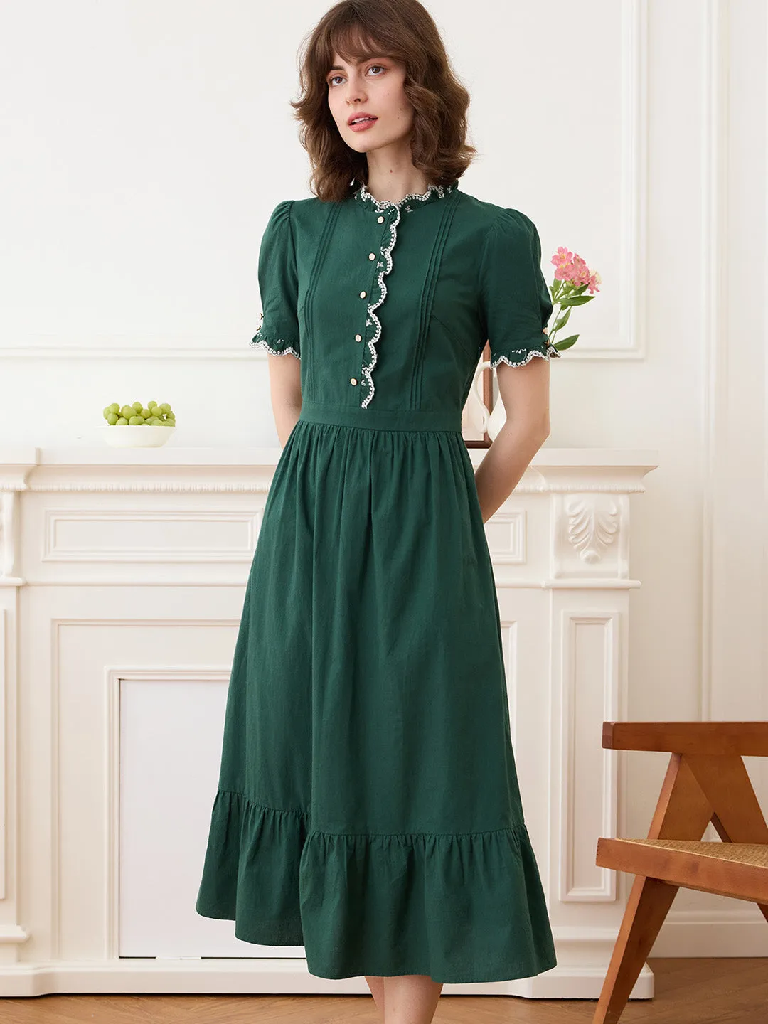 【Final Sale】Romina Cotton Vintage Embroidered Green Dress