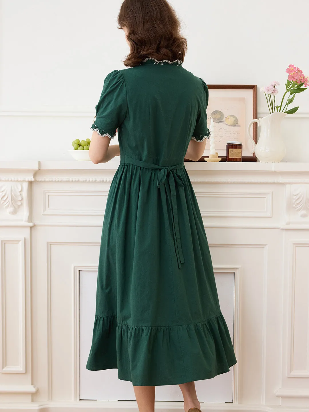 【Final Sale】Romina Cotton Vintage Embroidered Green Dress
