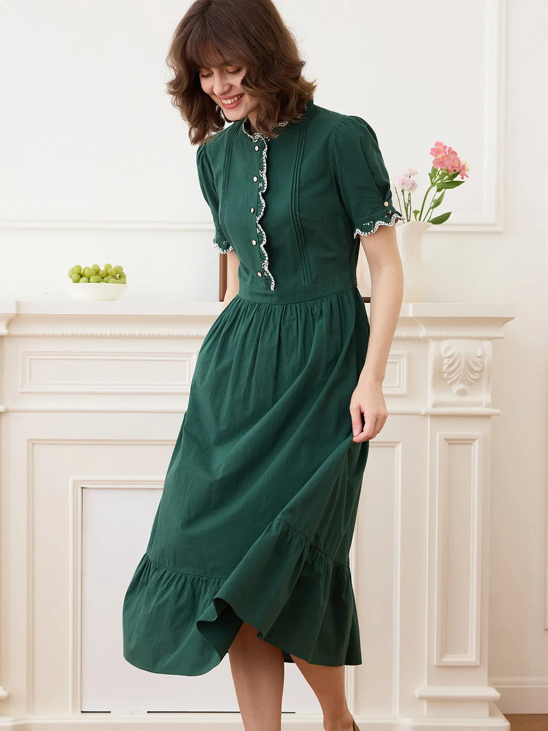 【Final Sale】Romina Cotton Vintage Embroidered Green Dress