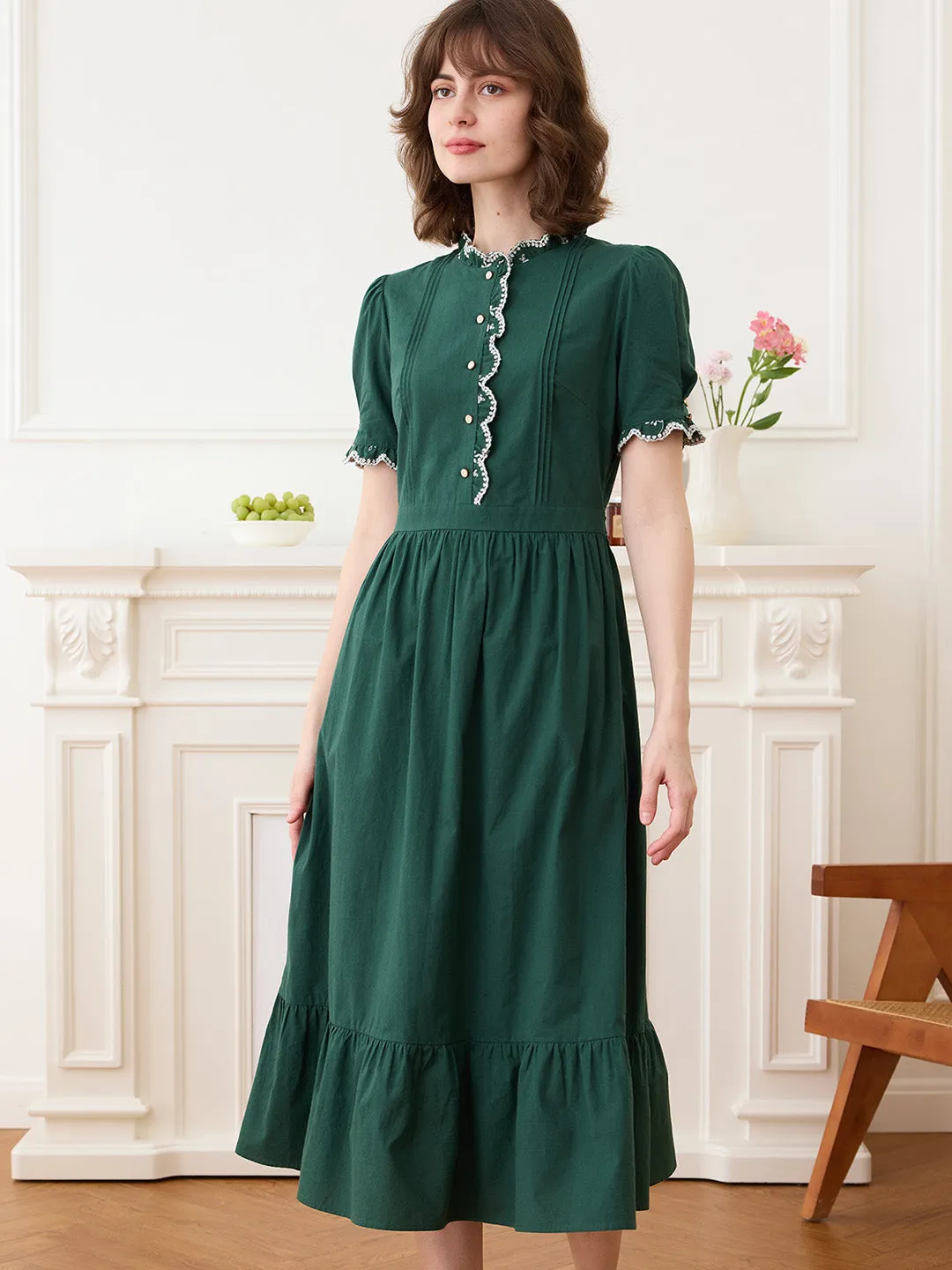 【Final Sale】Romina Cotton Vintage Embroidered Green Dress