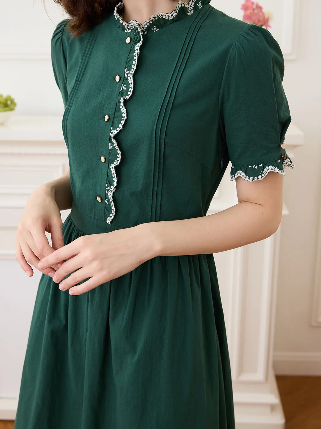 【Final Sale】Romina Cotton Vintage Embroidered Green Dress