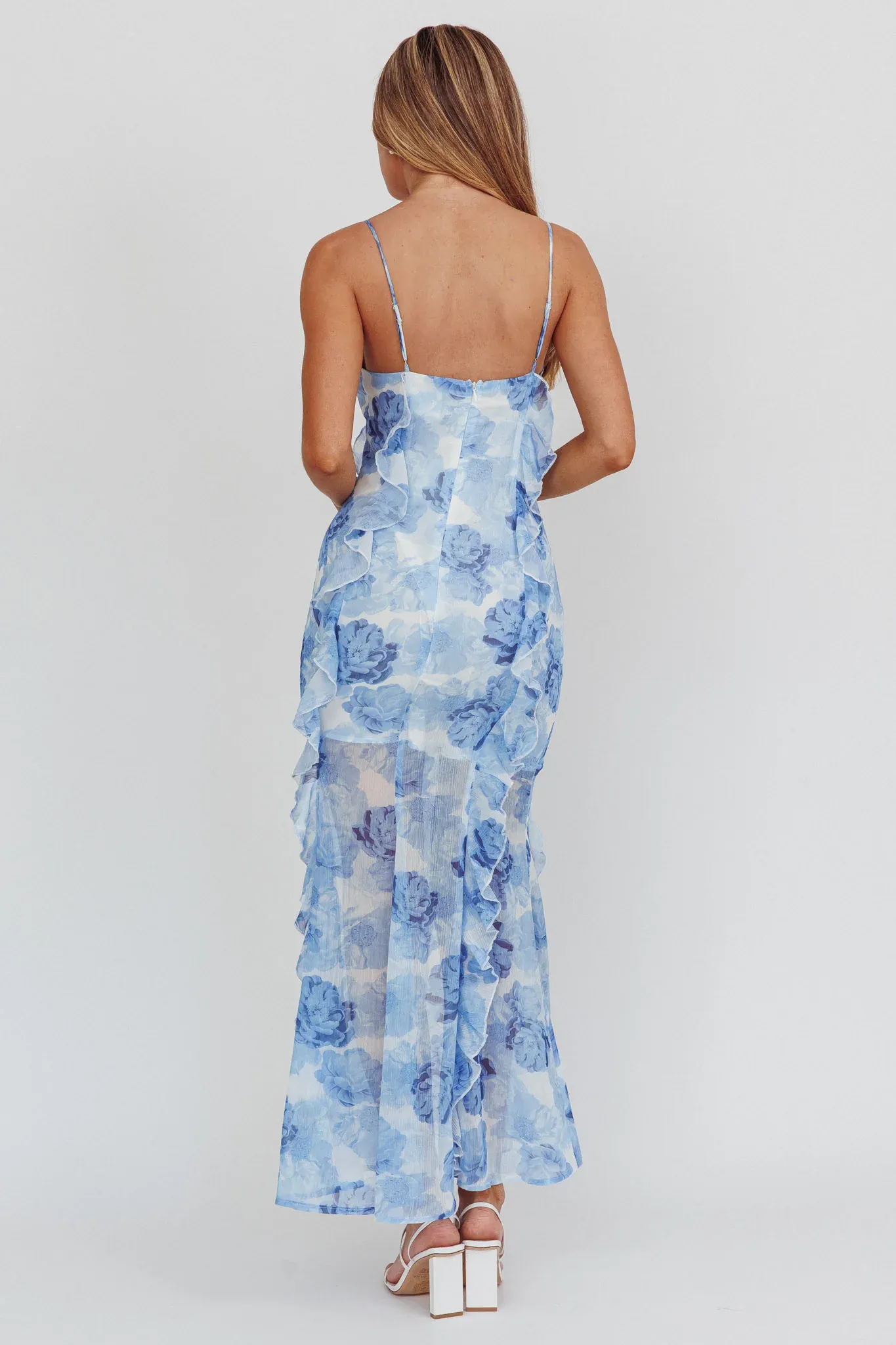 Frannie Vertical Ruffle Maxi Dress Floral Blue
