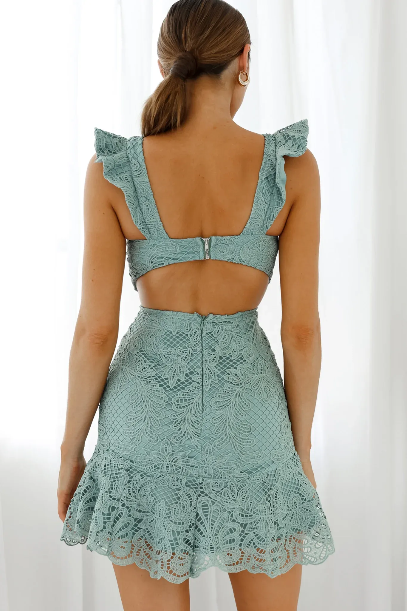 Jackie Pinafore Filigree Lace Dress Sage