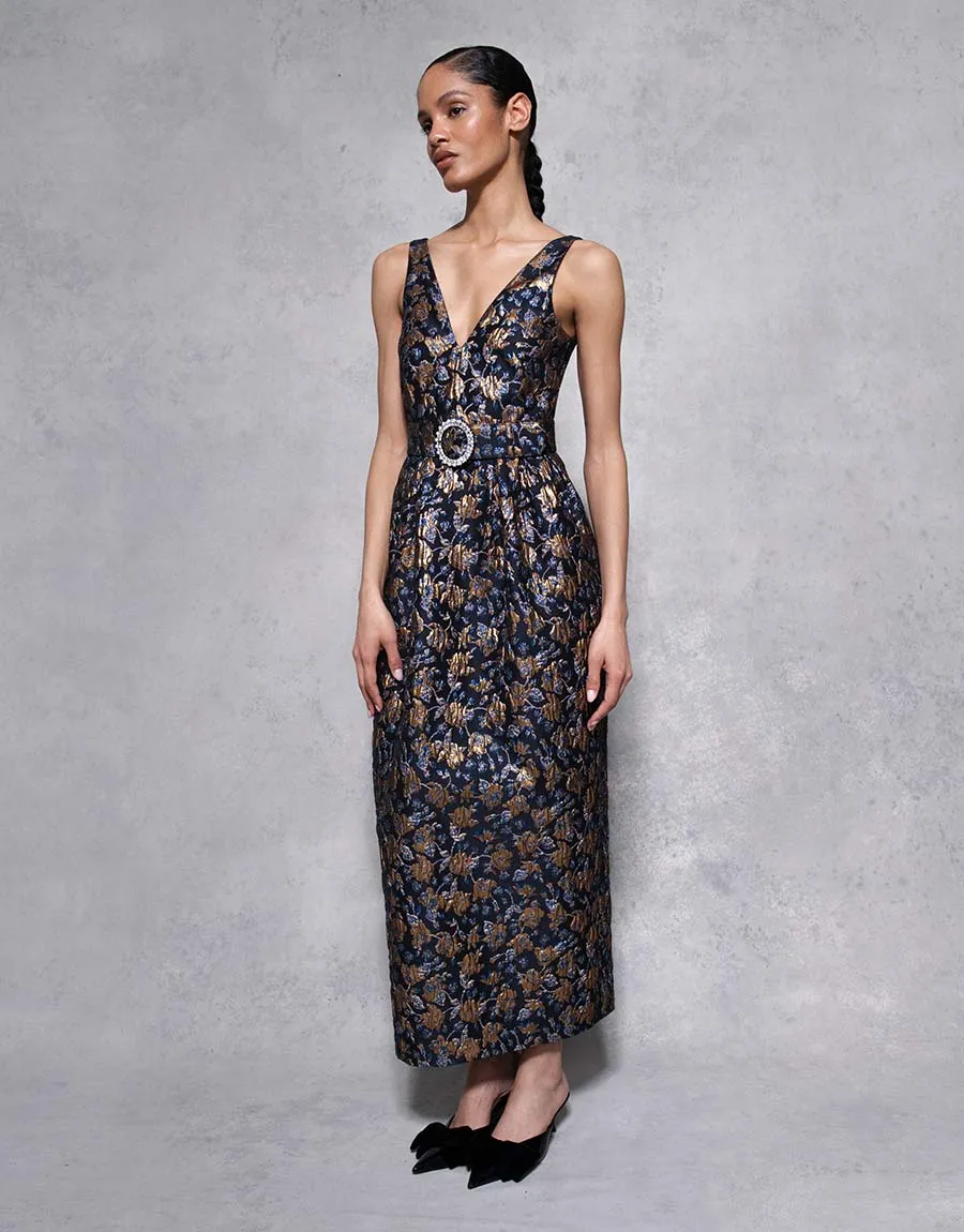 Jules Floral Jacquard Midi Dress - Navy/Gold - SALE