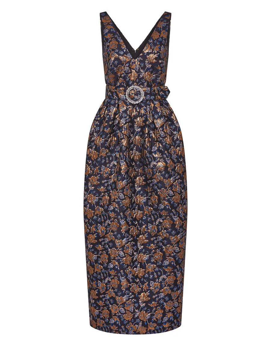 Jules Floral Jacquard Midi Dress - Navy/Gold - SALE