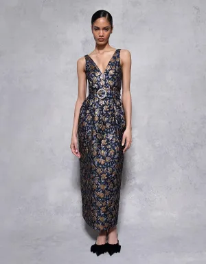 Jules Floral Jacquard Midi Dress - Navy/Gold - SALE