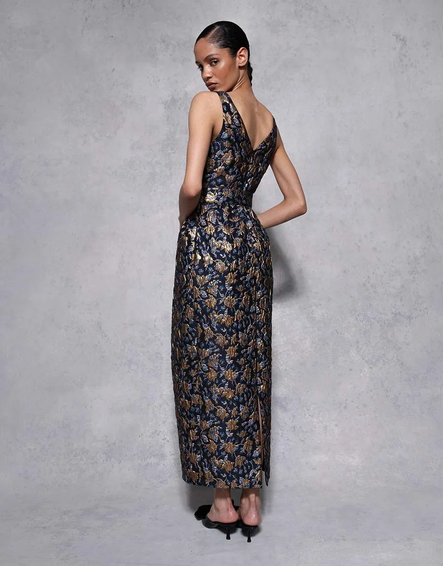 Jules Floral Jacquard Midi Dress - Navy/Gold - SALE
