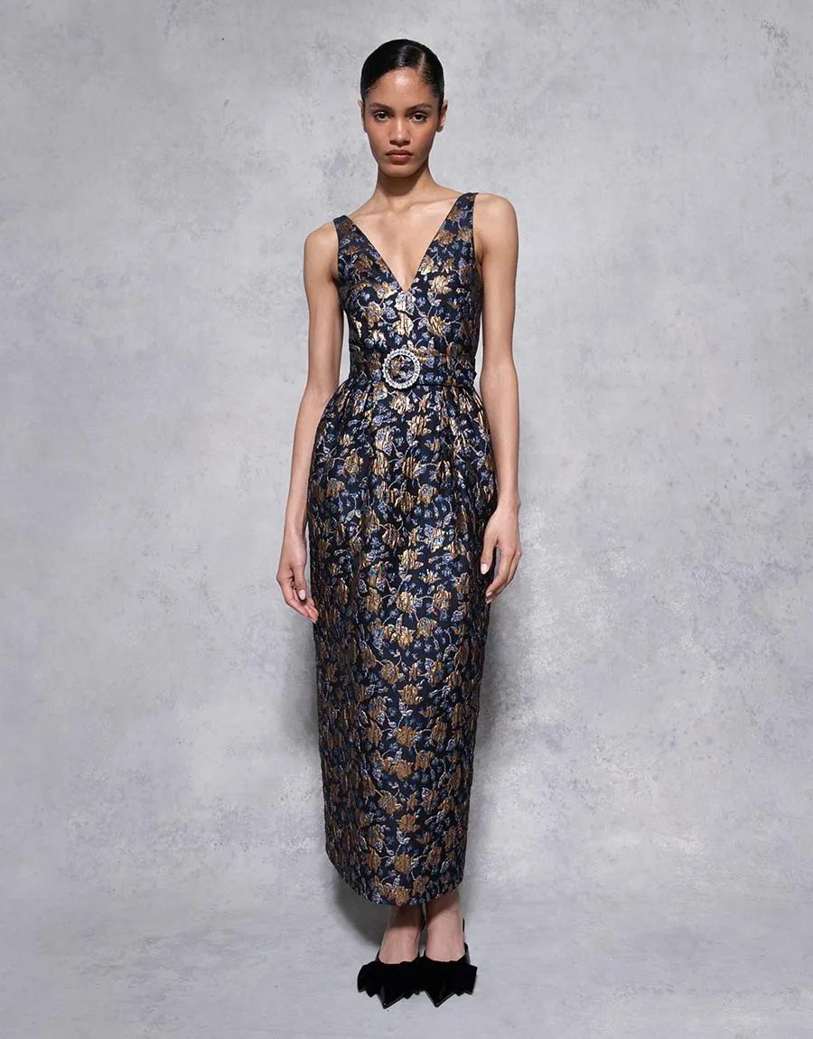Jules Floral Jacquard Midi Dress - Navy/Gold - SALE