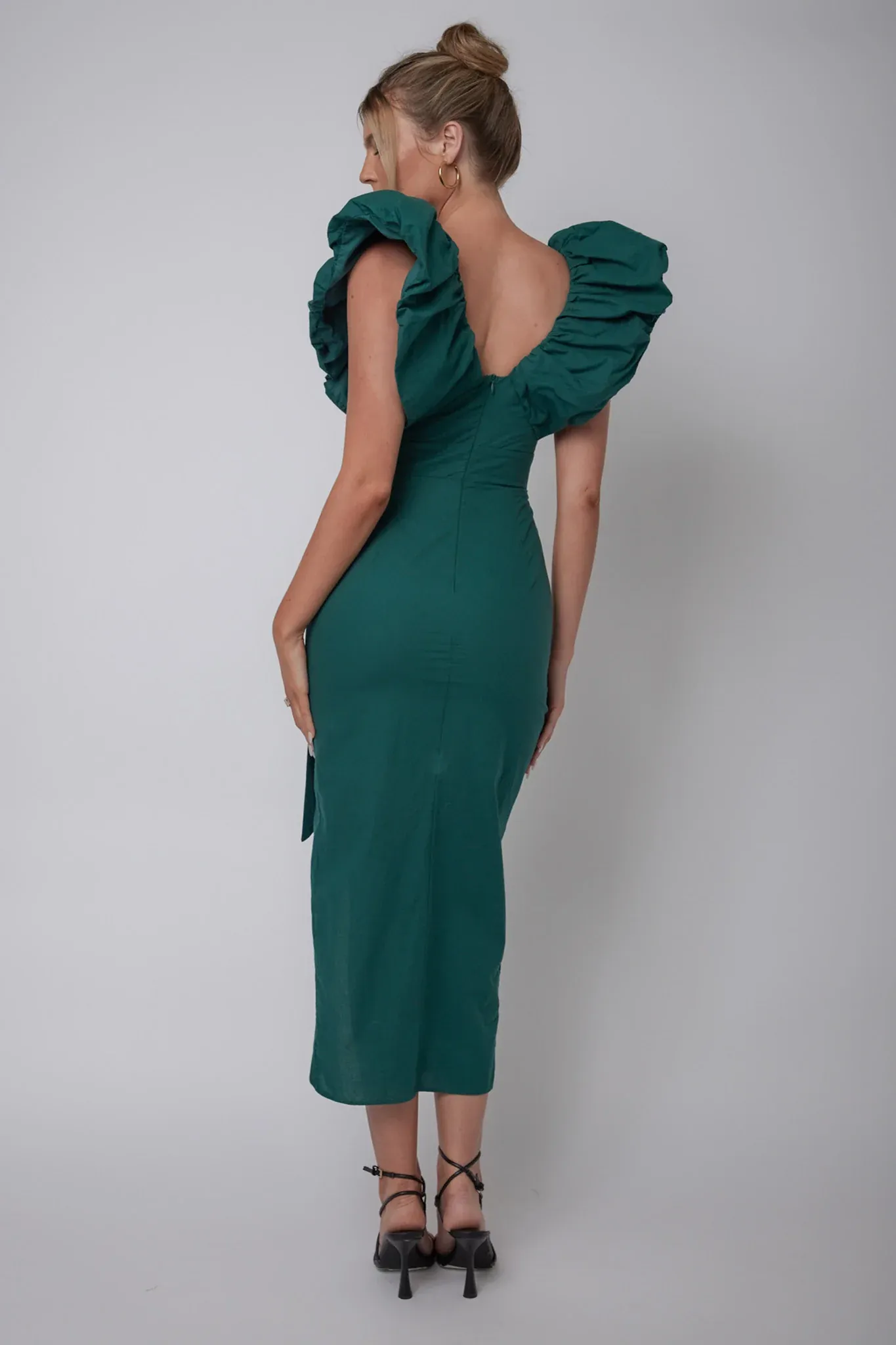 Kahlo Ruffle Neckline Wrap Midi Dress Green