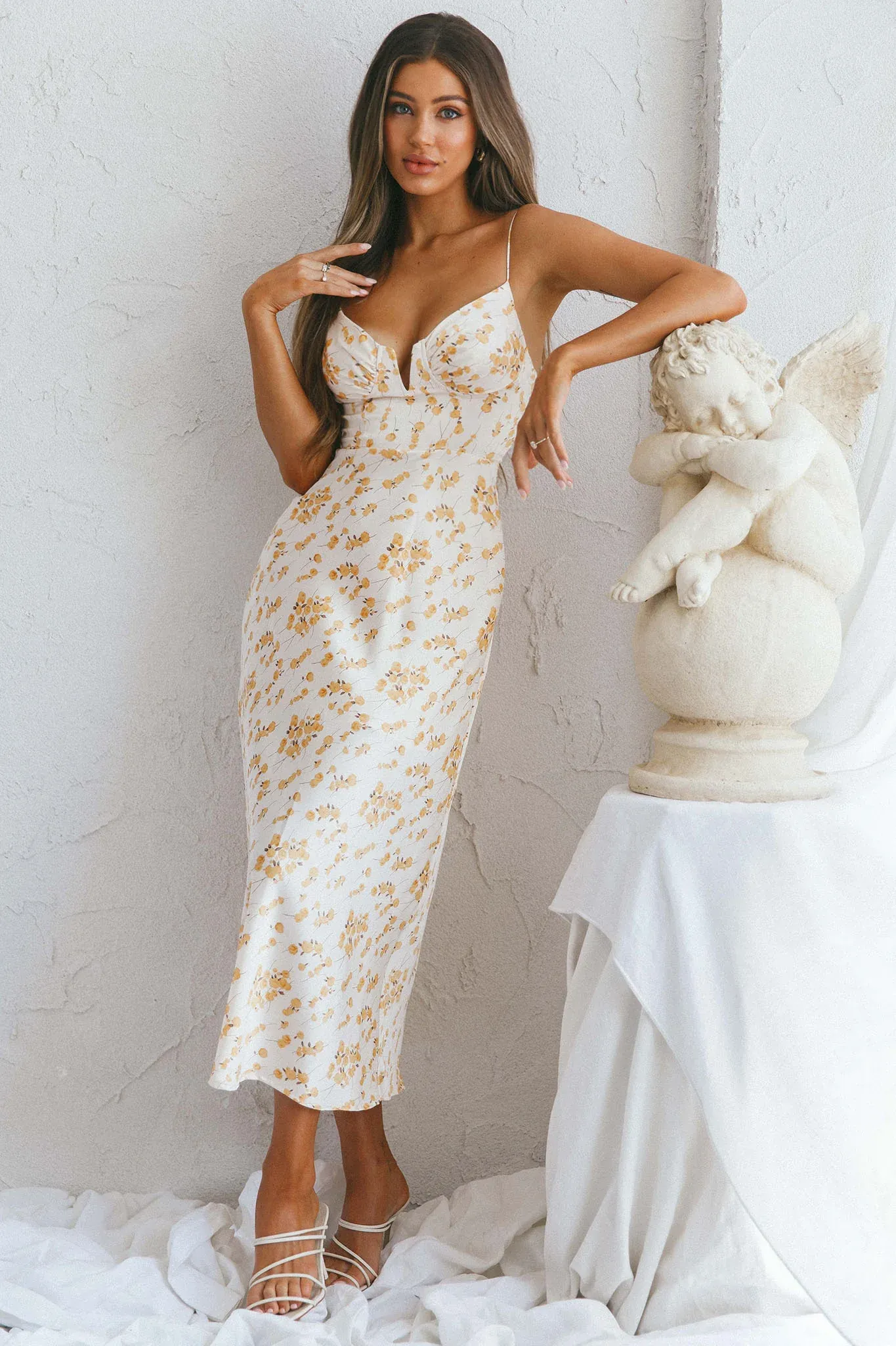 Lake Como Fitted Bodice Cami Strap Midi Dress Painted Floral Print Beige