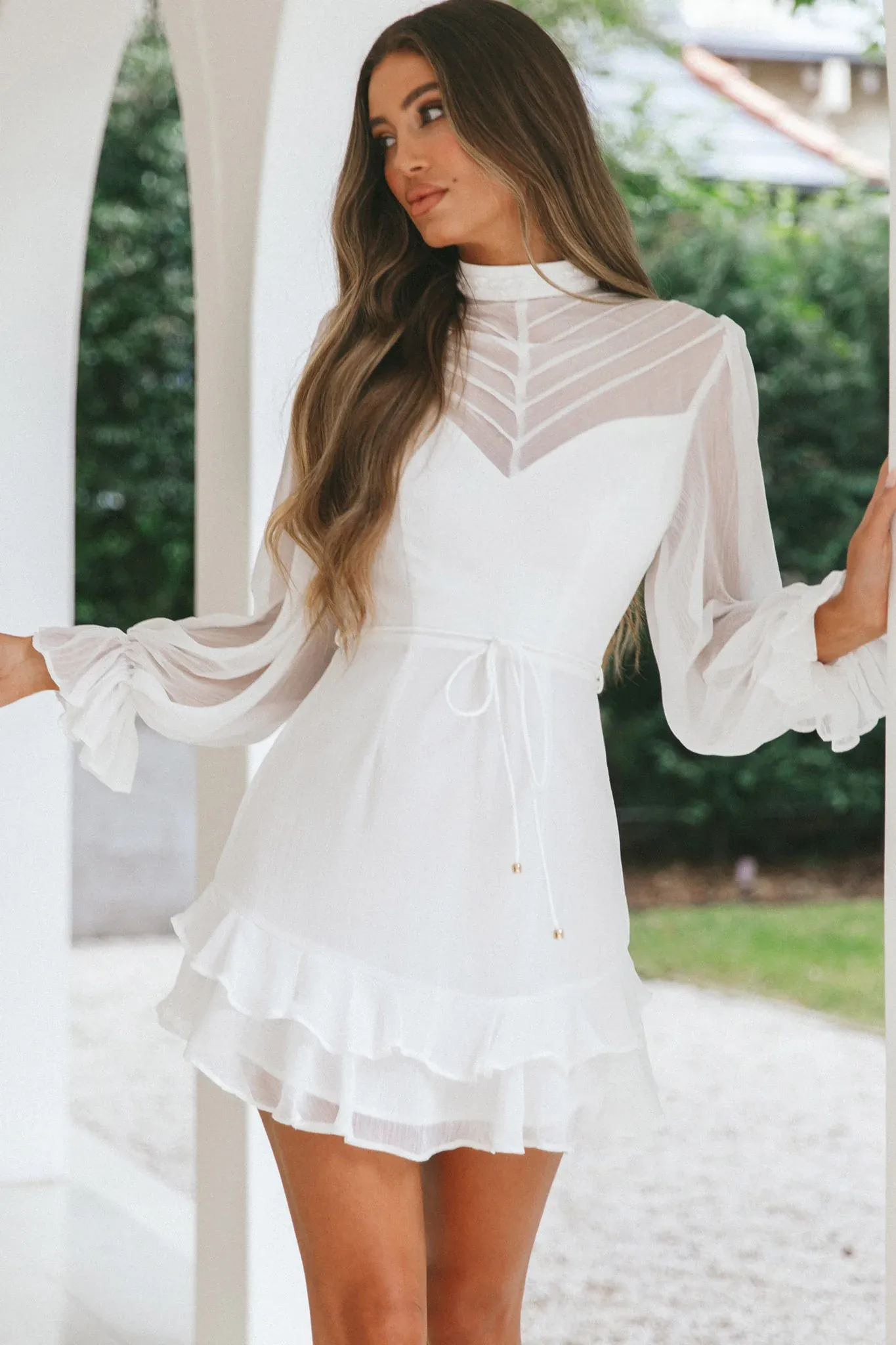 Lark High Neck Balloon Sleeve Dress White