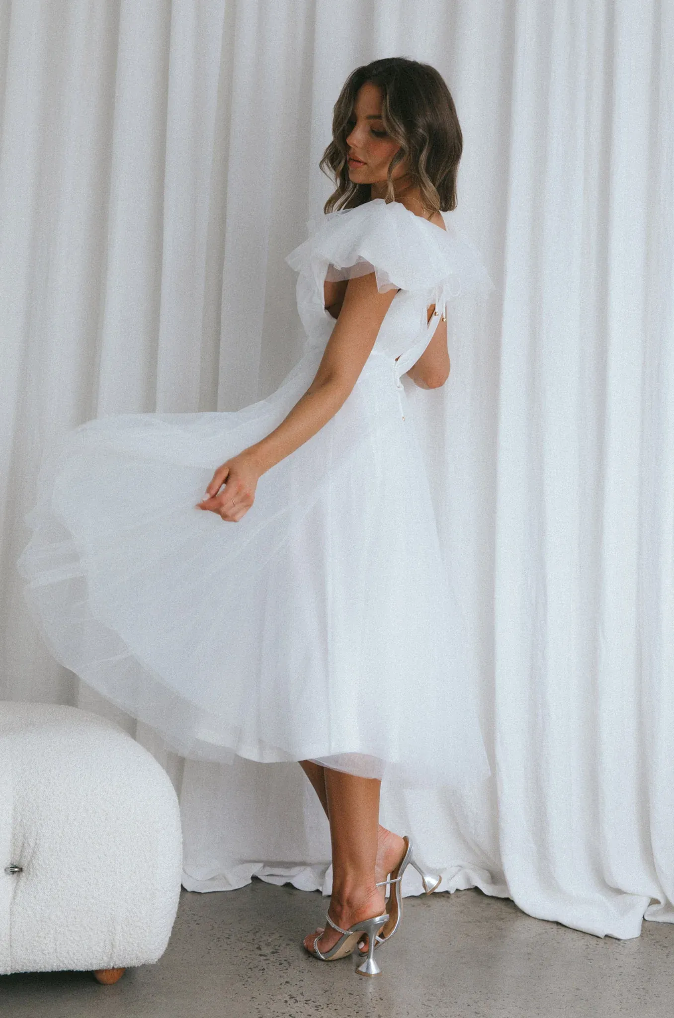 Leap Of Faith Frill Shoulder Tulle Midi Dress White