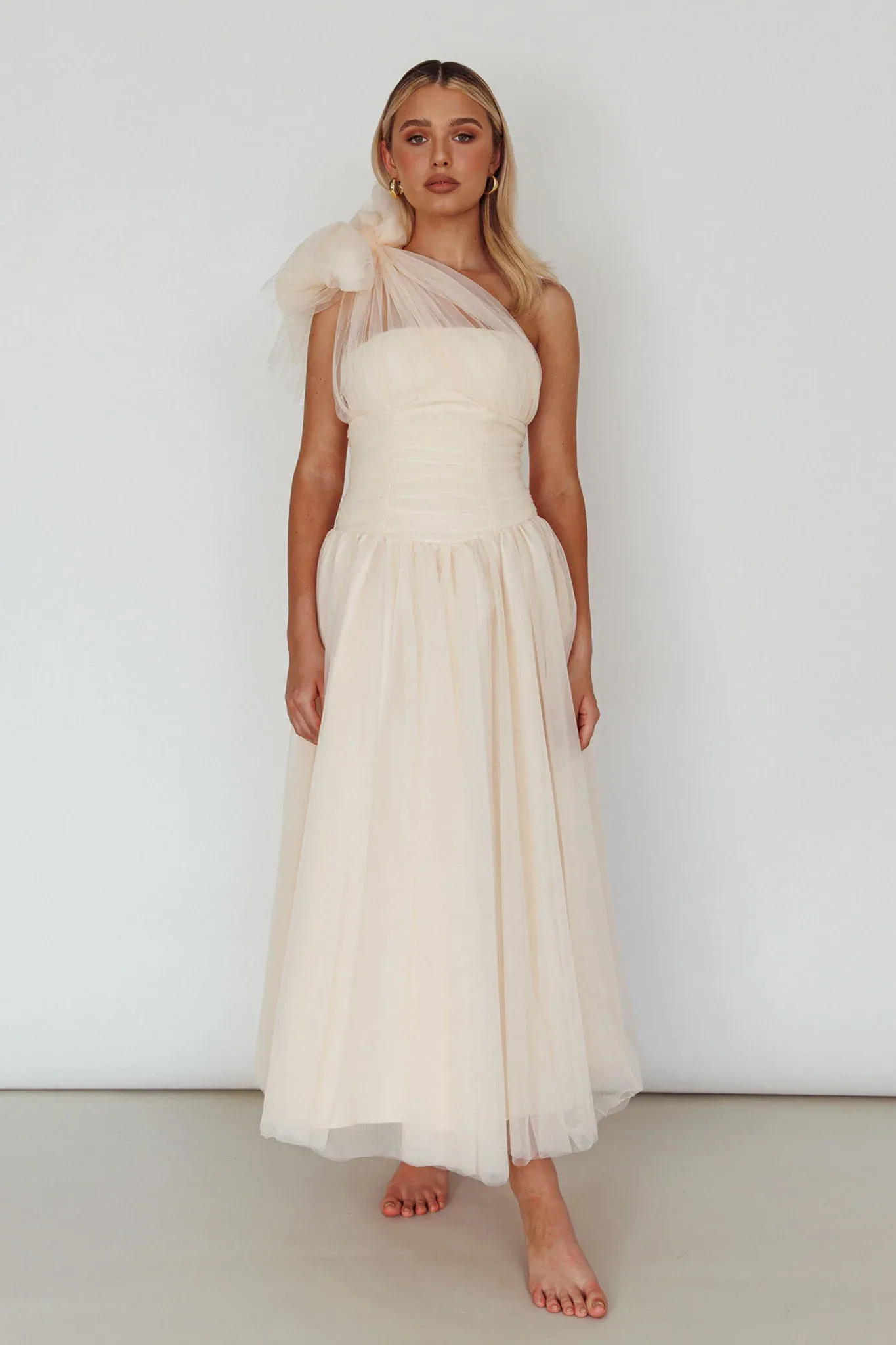 Let's Elope Bow Shoulder Midi Dress Butter