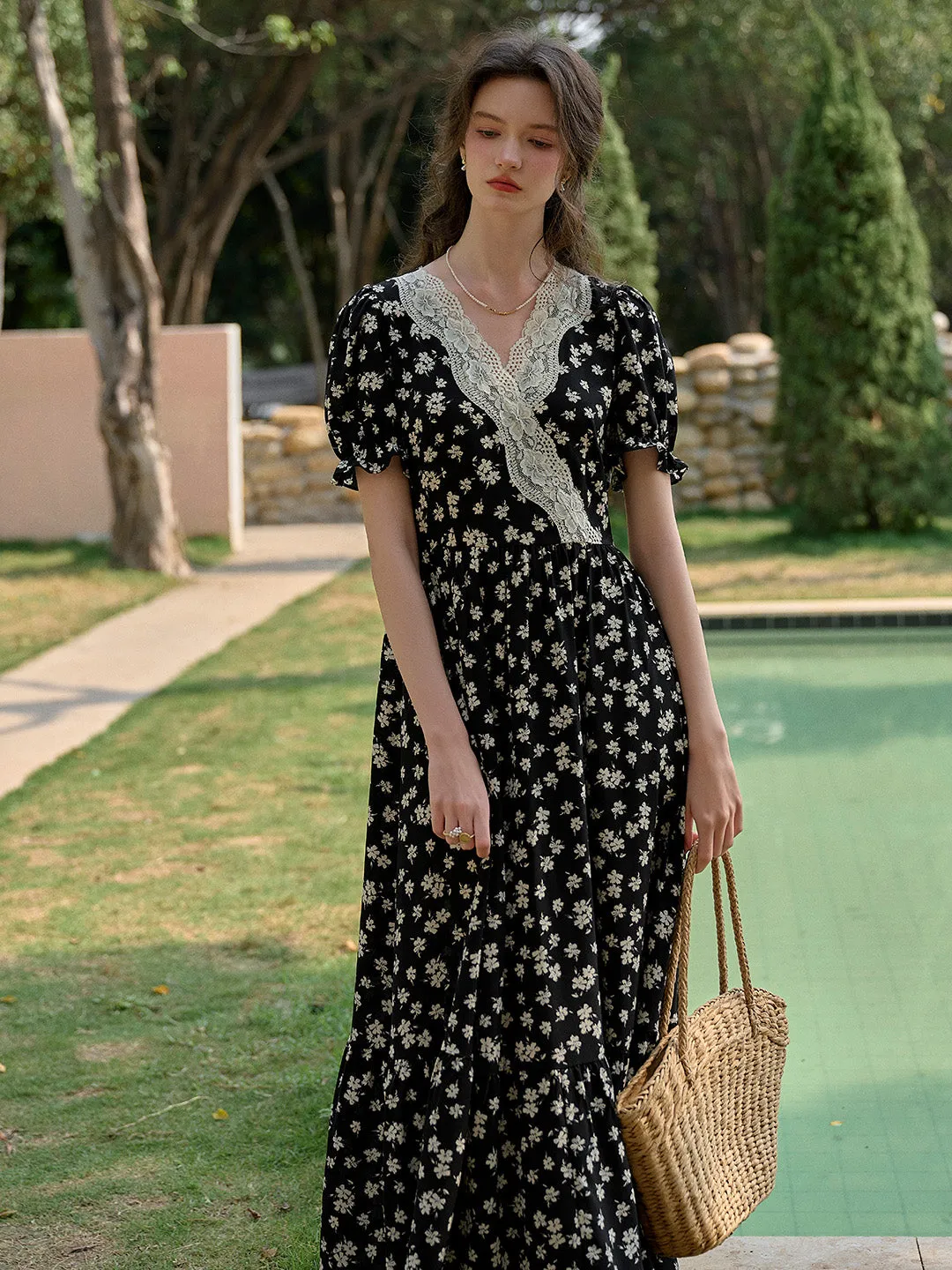 Lilith Ruffle V-Neck Lace Floral Dress