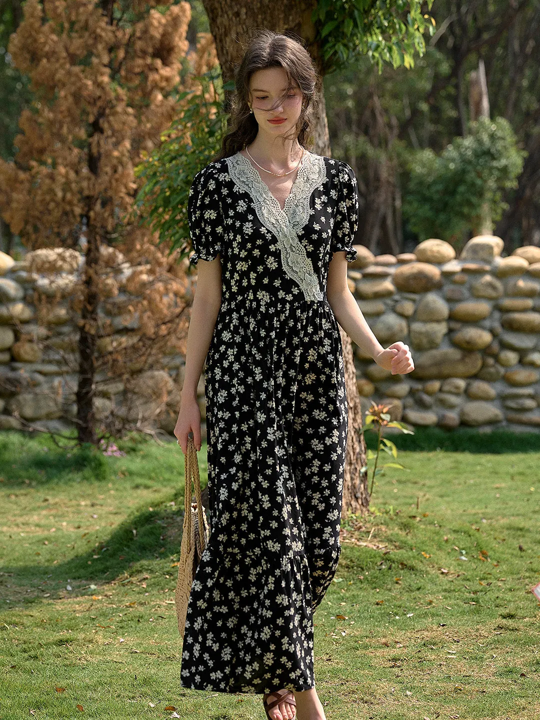 Lilith Ruffle V-Neck Lace Floral Dress
