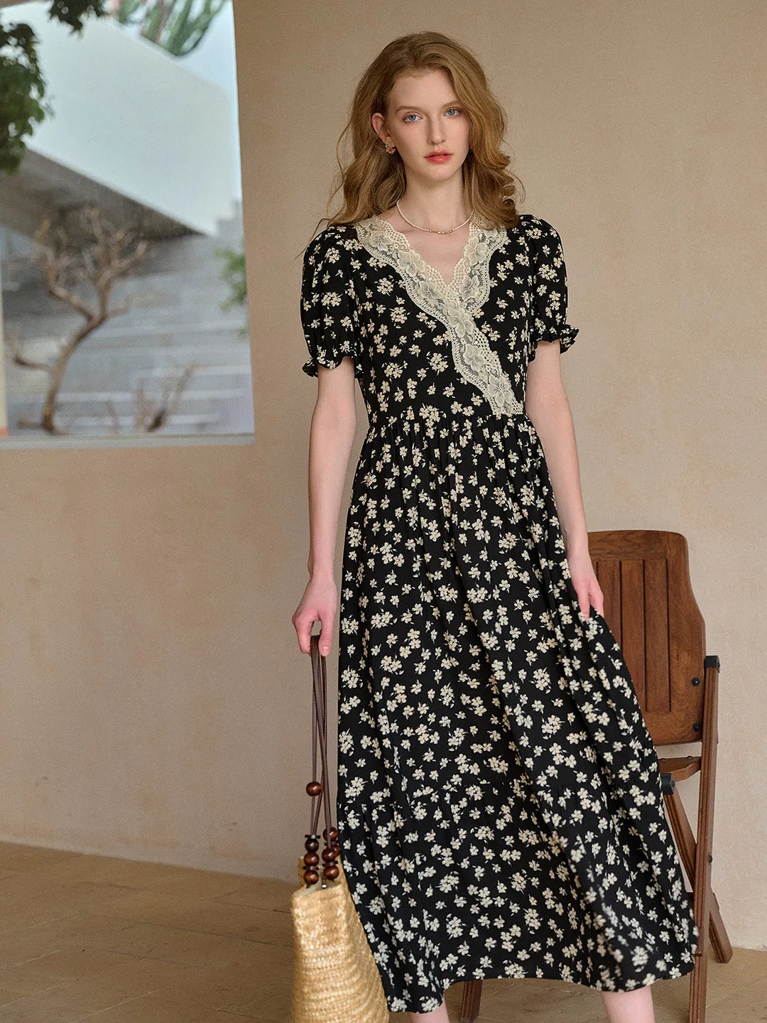 Lilith Ruffle V-Neck Lace Floral Dress