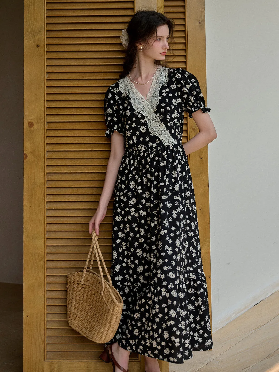 Lilith Ruffle V-Neck Lace Floral Dress