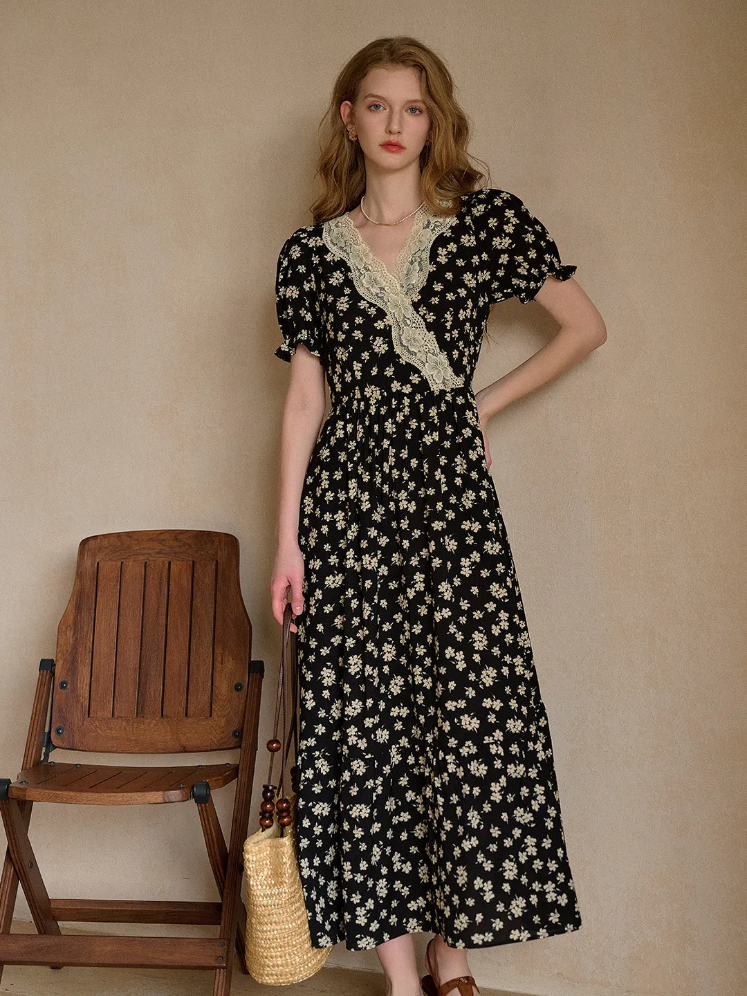 Lilith Ruffle V-Neck Lace Floral Dress