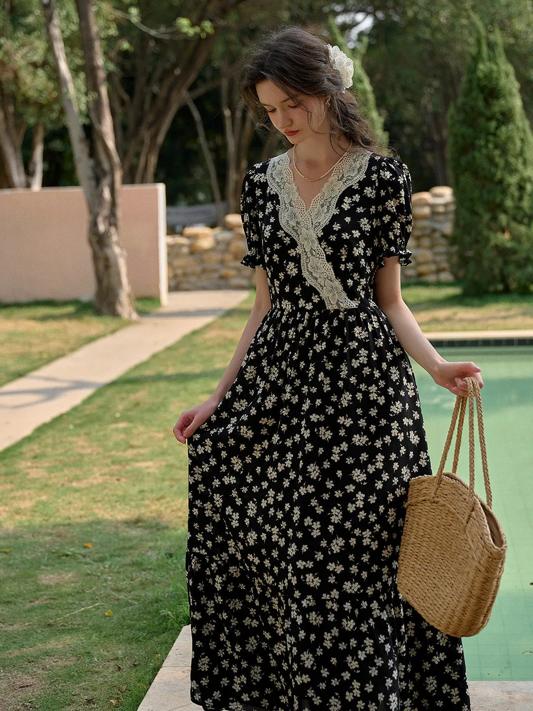 Lilith Ruffle V-Neck Lace Floral Dress