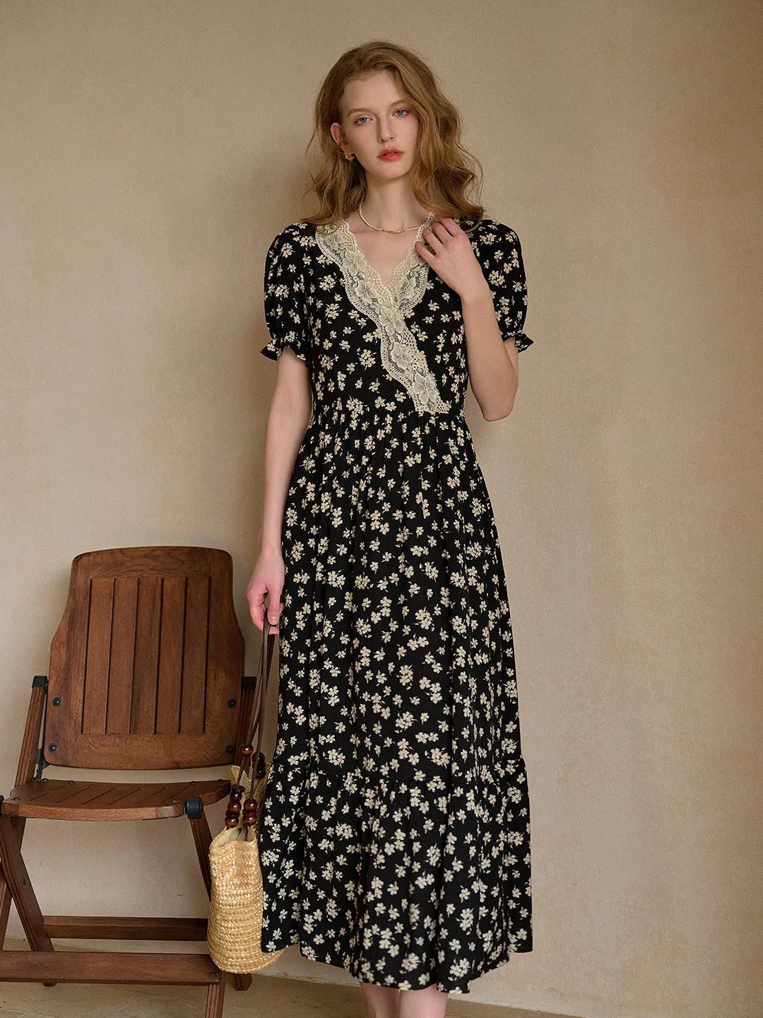 Lilith Ruffle V-Neck Lace Floral Dress