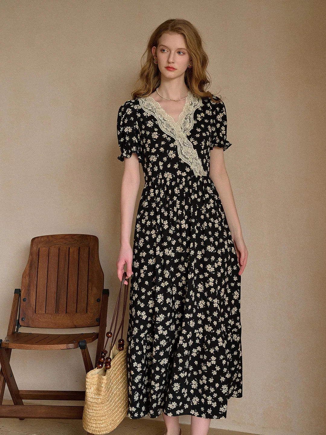 Lilith Ruffle V-Neck Lace Floral Dress