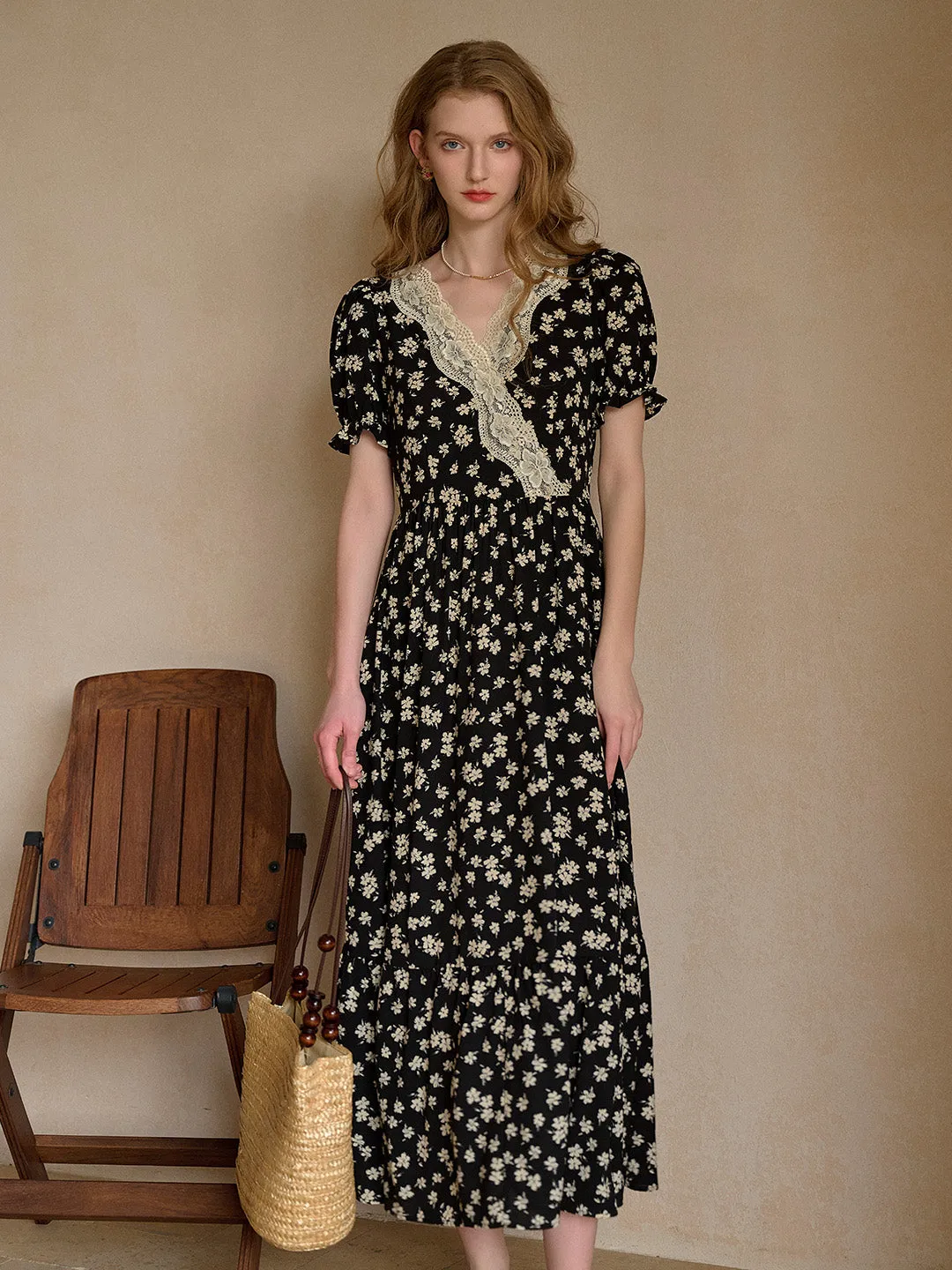 Lilith Ruffle V-Neck Lace Floral Dress