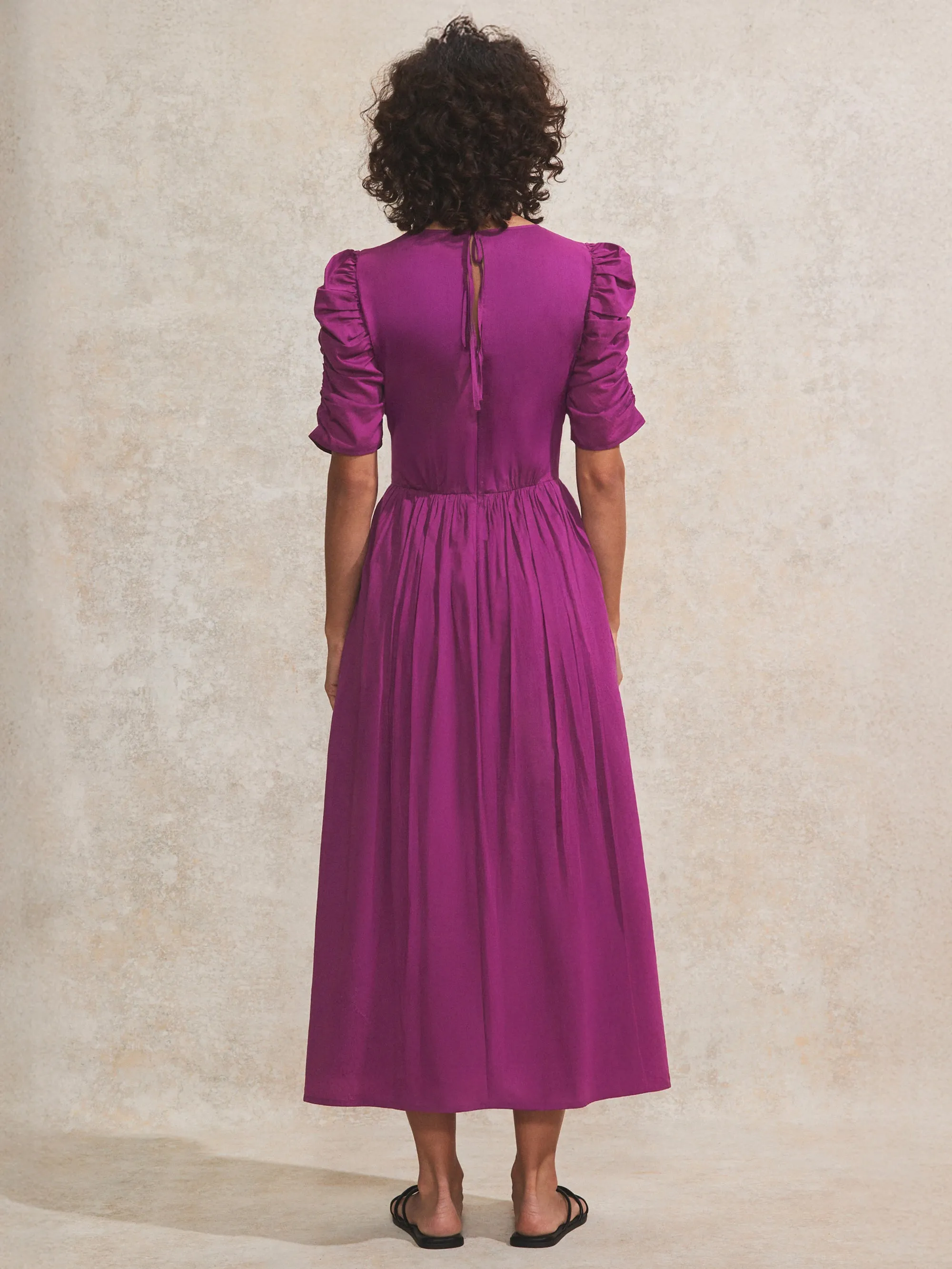 Magenta Gathered-Sleeve Cotton Midi Dress