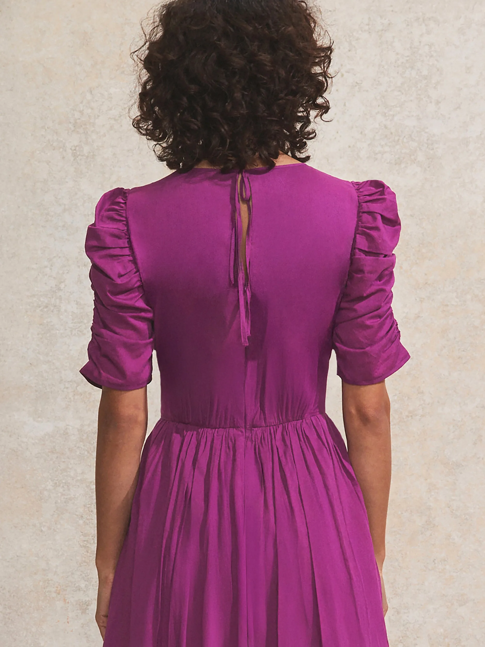 Magenta Gathered-Sleeve Cotton Midi Dress
