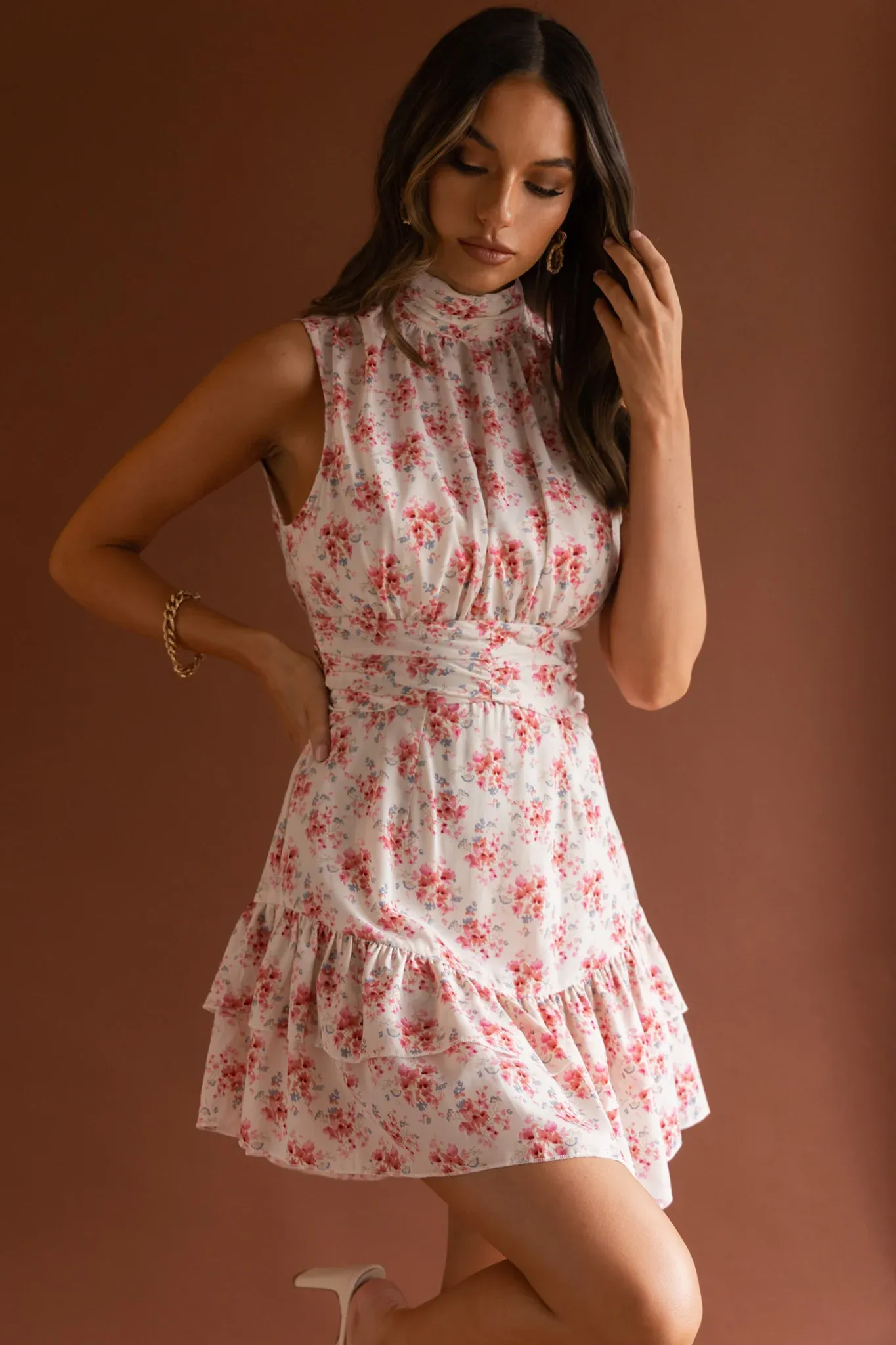 Mandalay High Neck Sleeveless Waistband Dress Vintage Floral Pink