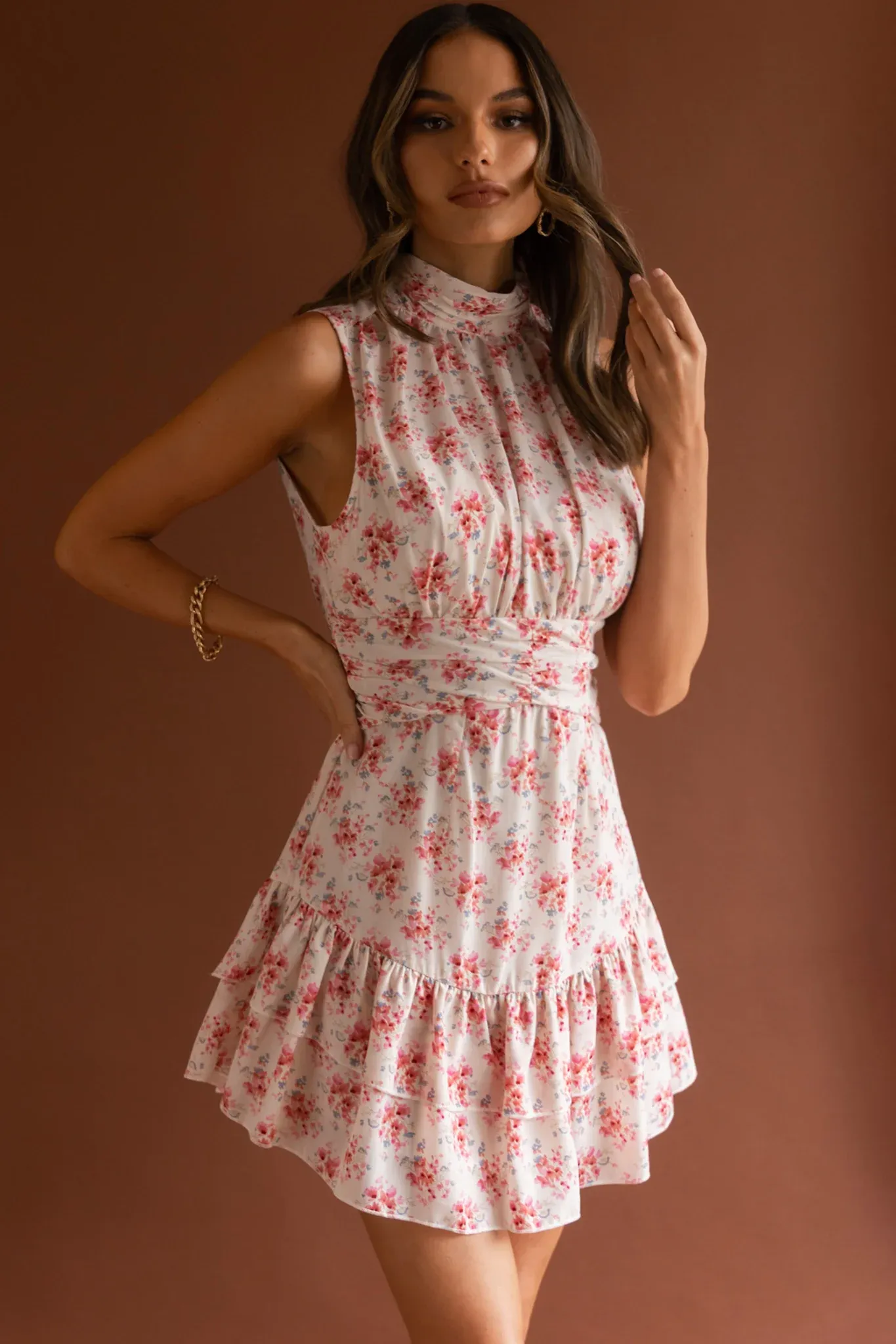 Mandalay High Neck Sleeveless Waistband Dress Vintage Floral Pink