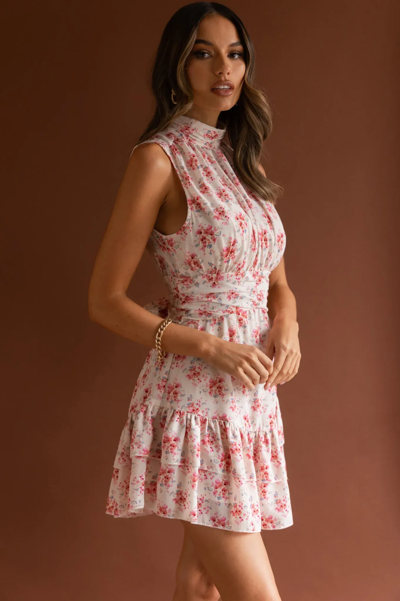 Mandalay High Neck Sleeveless Waistband Dress Vintage Floral Pink