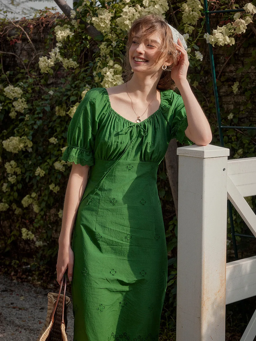 Maya Square Neck Embroidery Puff Sleeves Dress