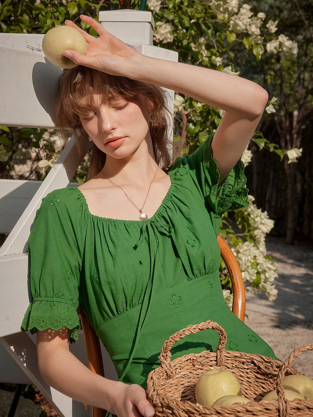 Maya Square Neck Embroidery Puff Sleeves Dress