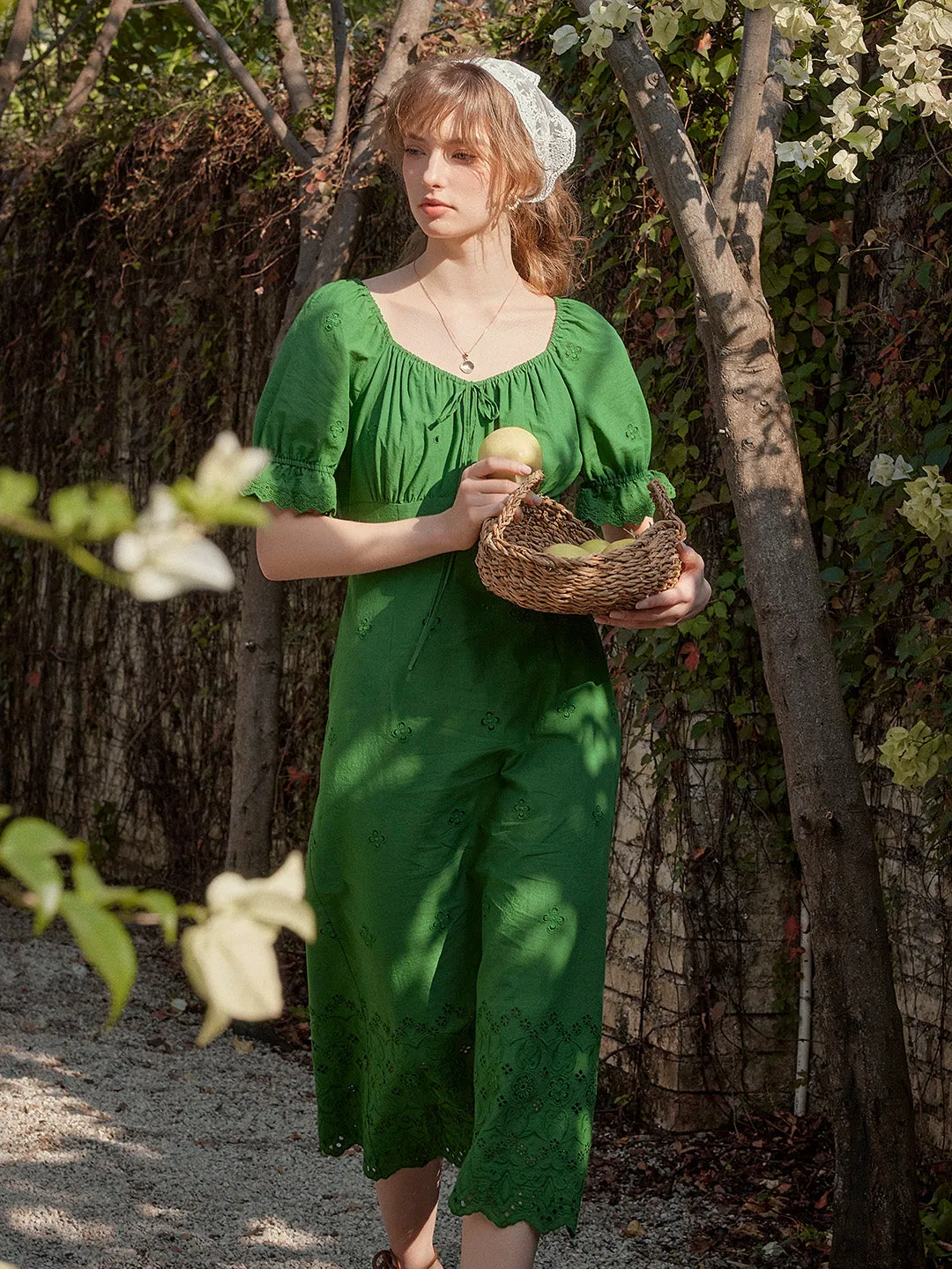 Maya Square Neck Embroidery Puff Sleeves Dress