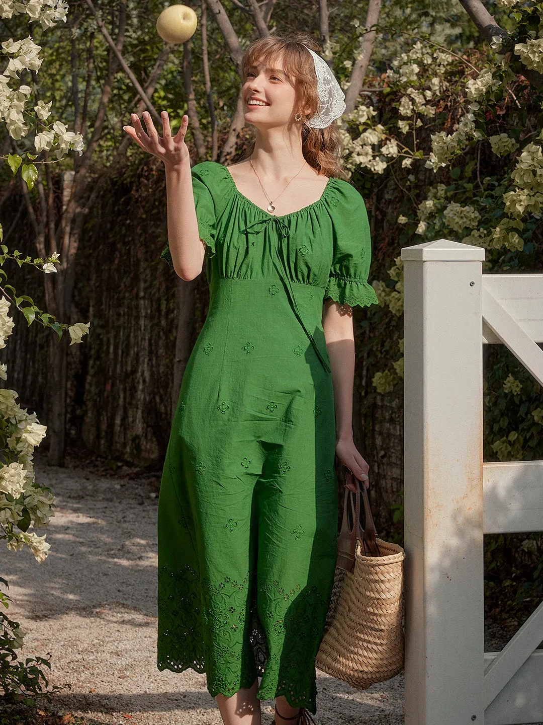 Maya Square Neck Embroidery Puff Sleeves Dress