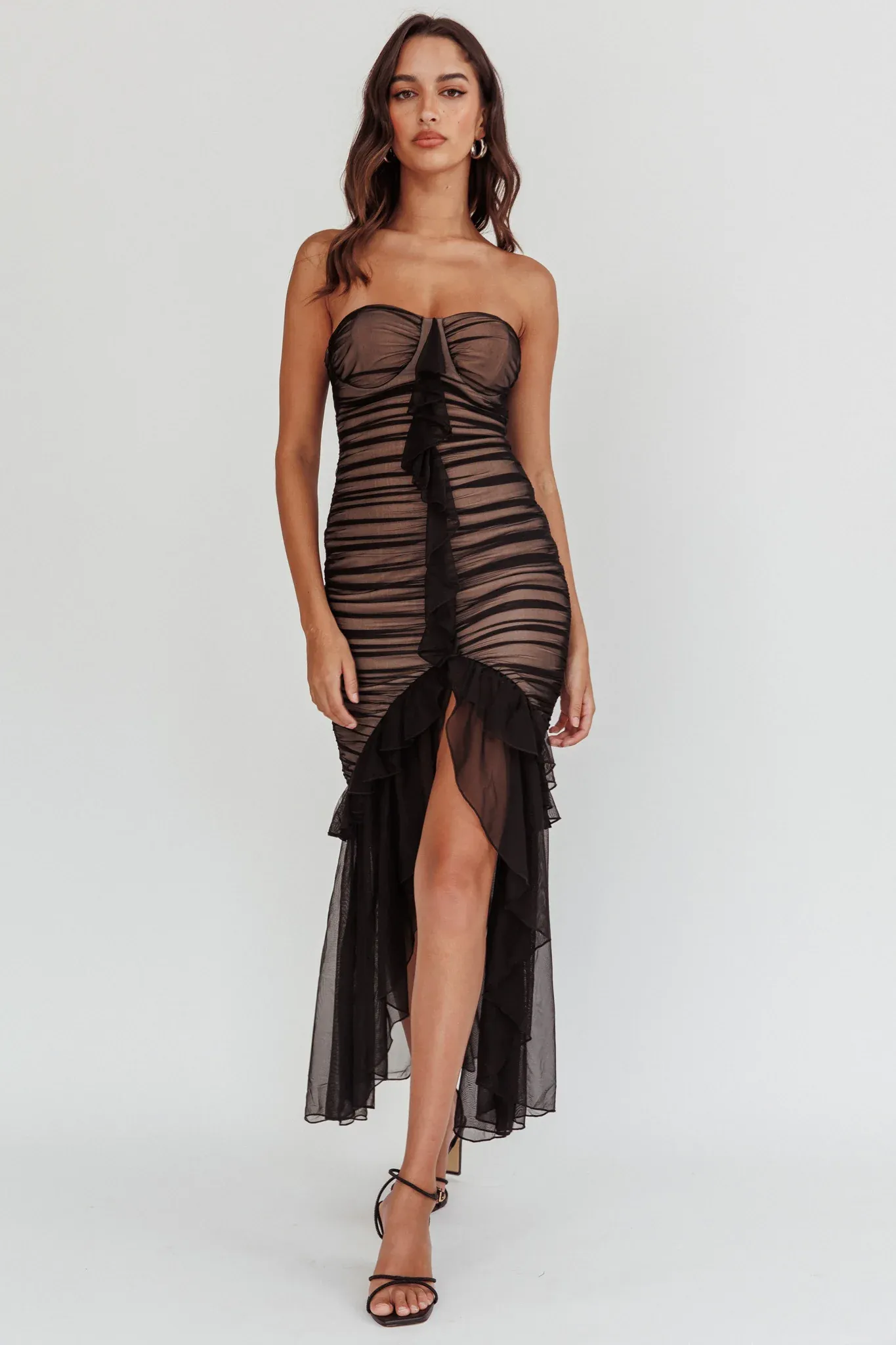 Mesmerize Strapless High-Low Hem Mesh Dress Black