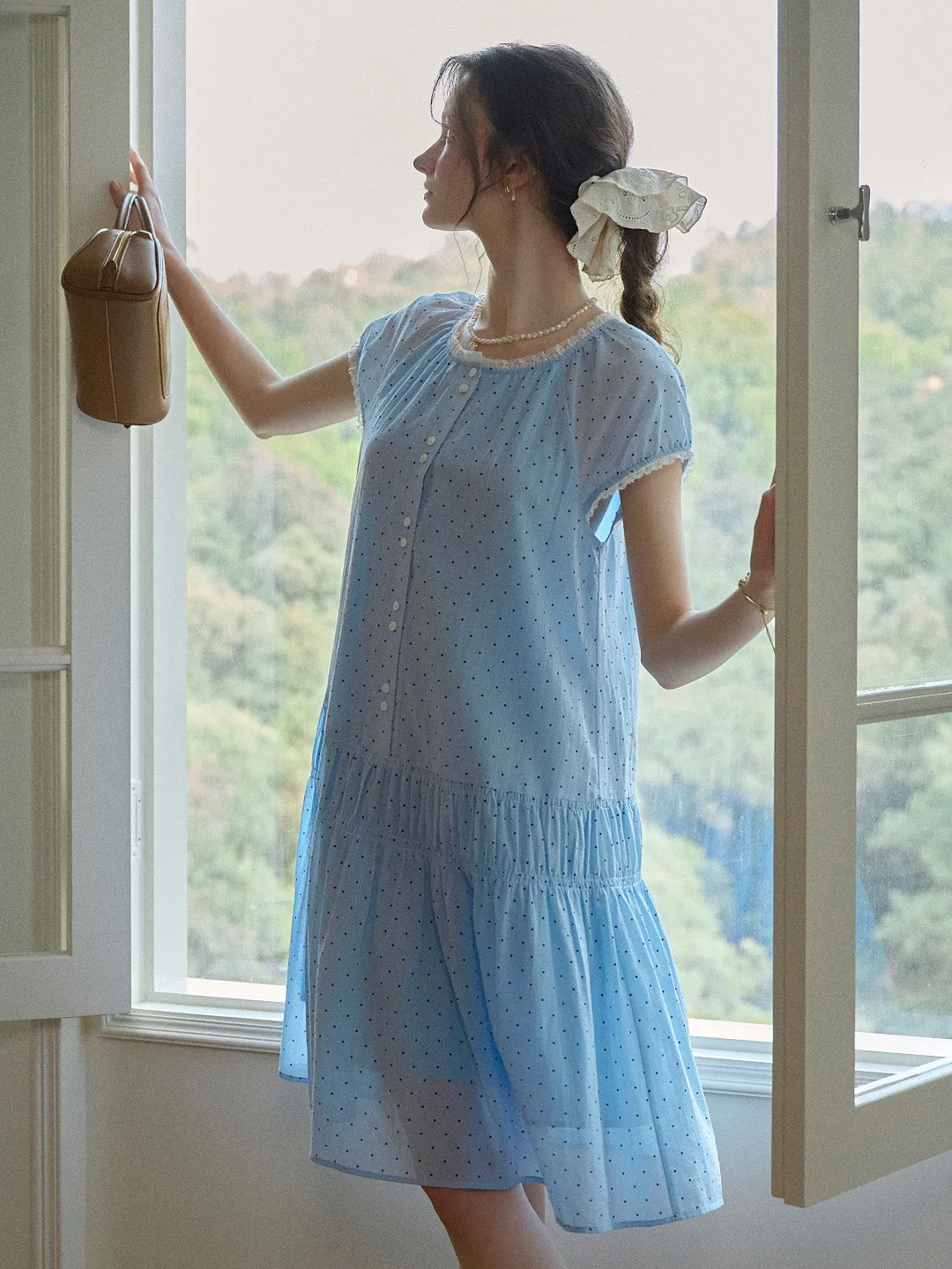 Norah Ruffle Round Neck Dot 100% Cotton Dress