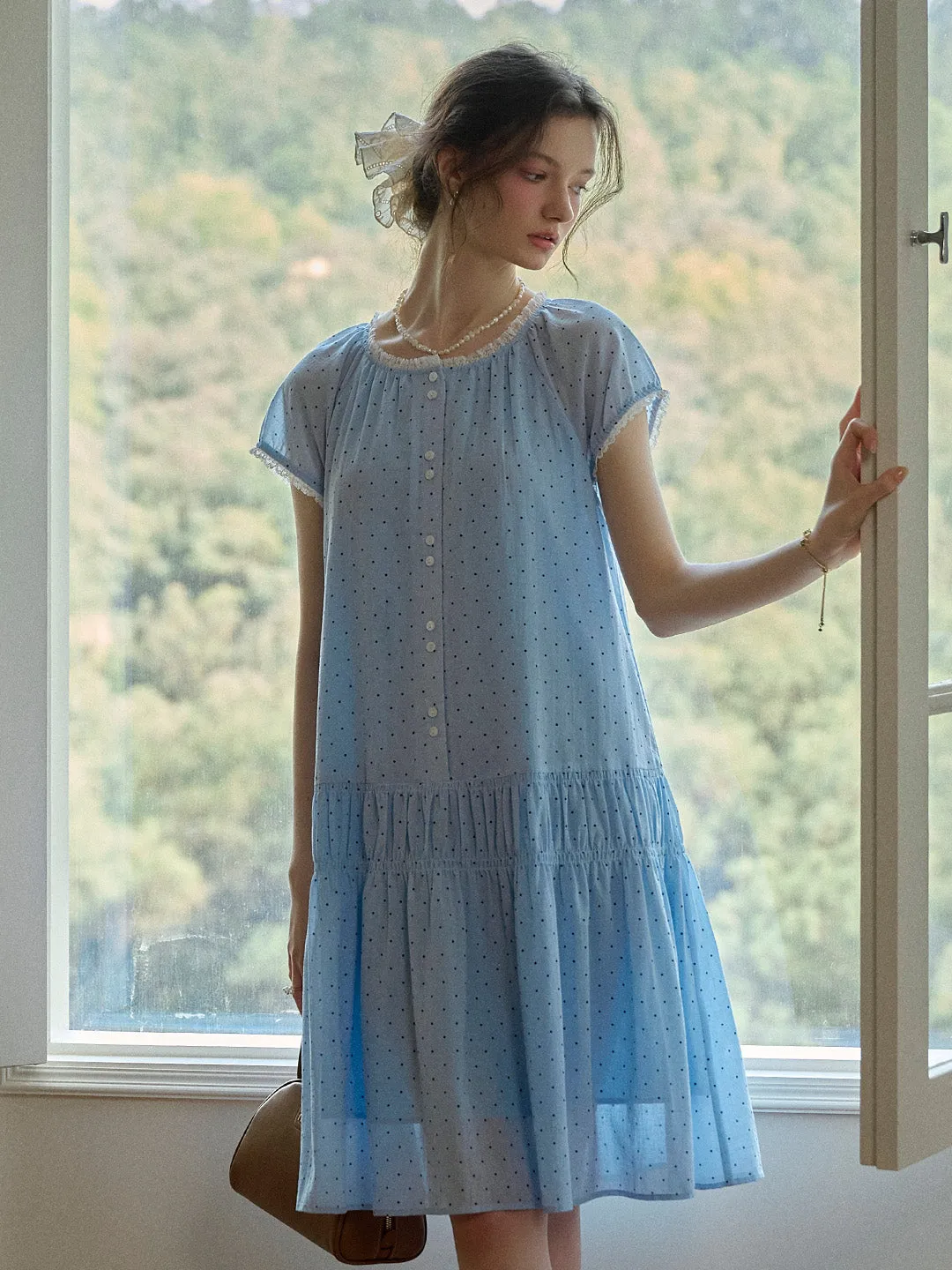 Norah Ruffle Round Neck Dot 100% Cotton Dress