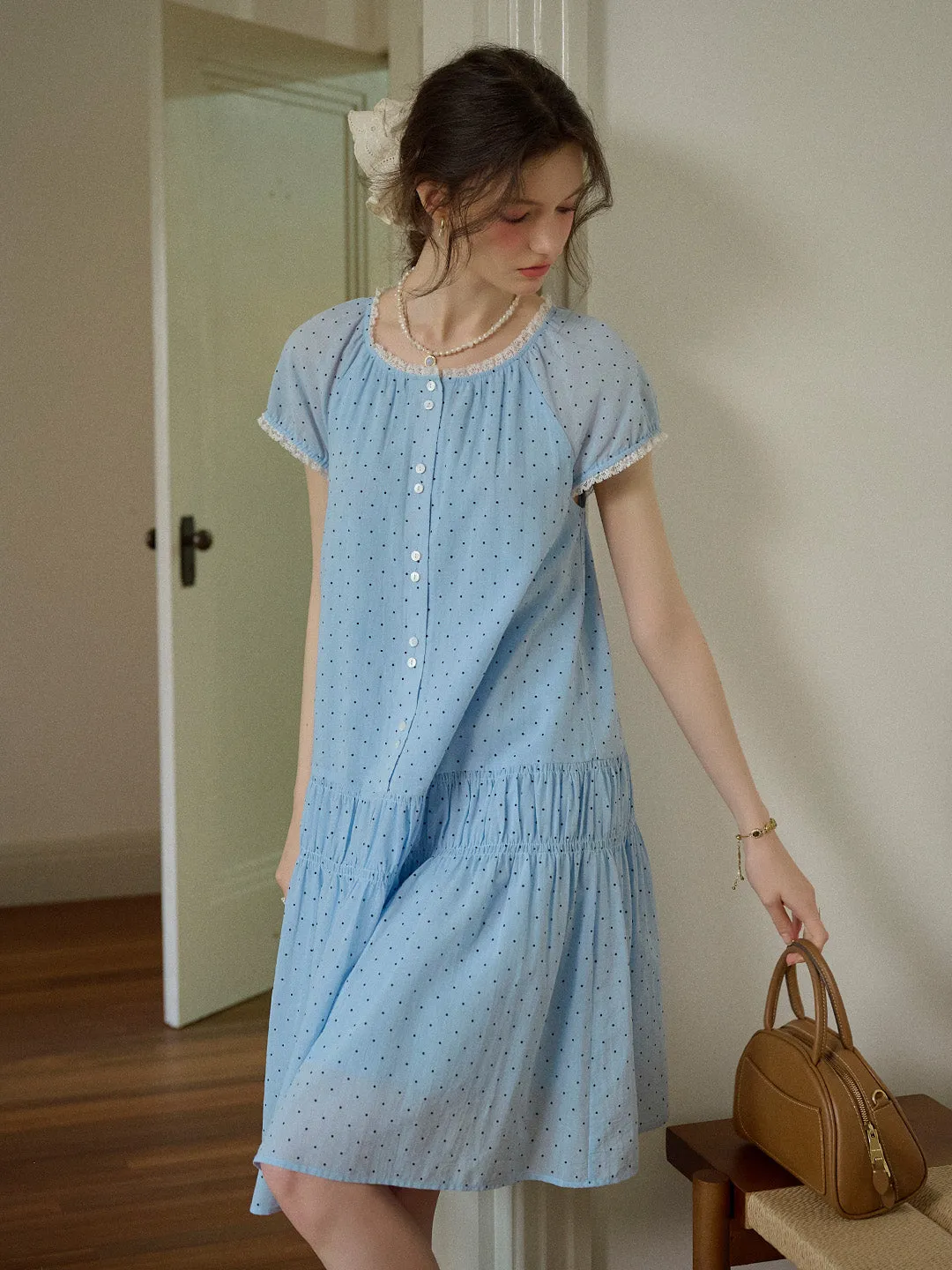 Norah Ruffle Round Neck Dot 100% Cotton Dress