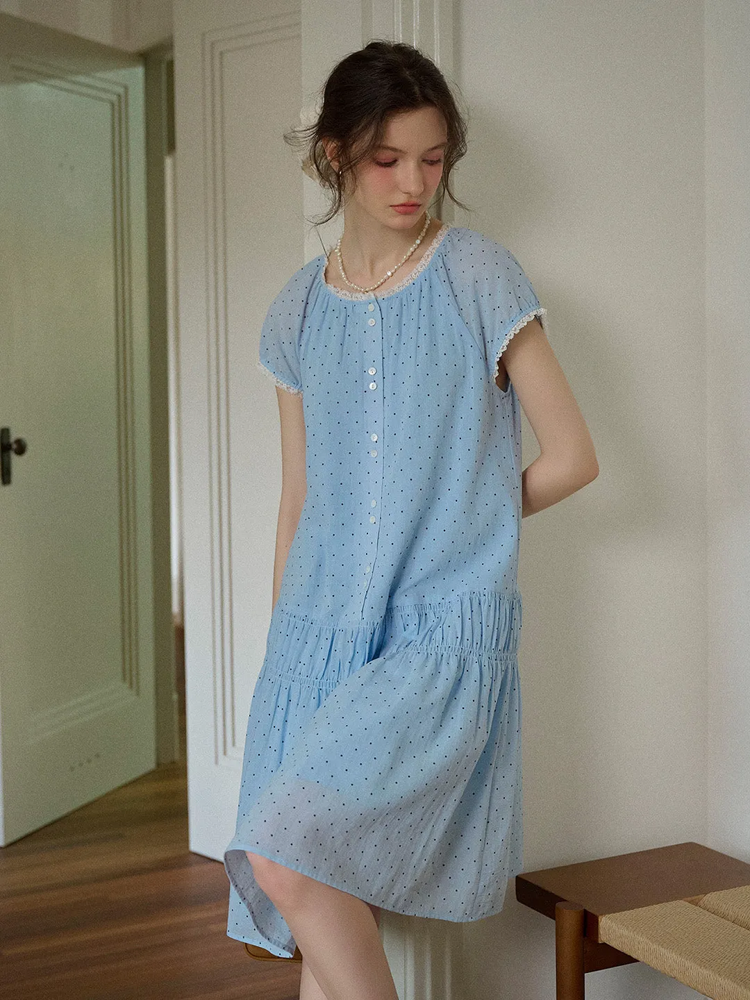 Norah Ruffle Round Neck Dot 100% Cotton Dress