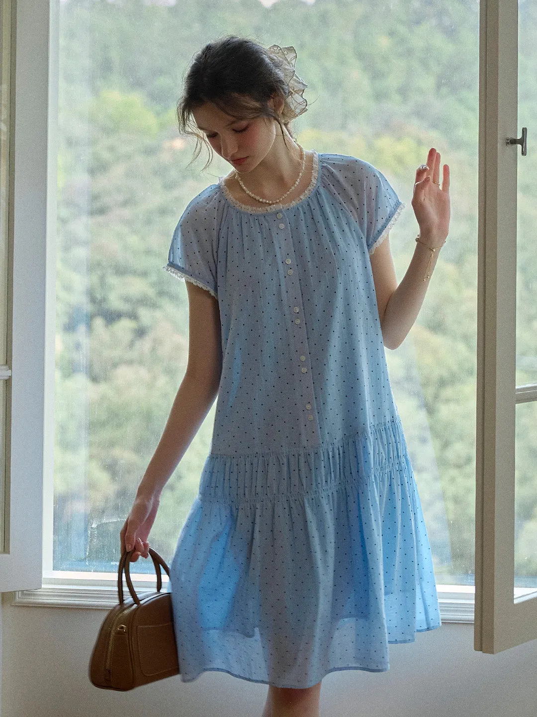 Norah Ruffle Round Neck Dot 100% Cotton Dress