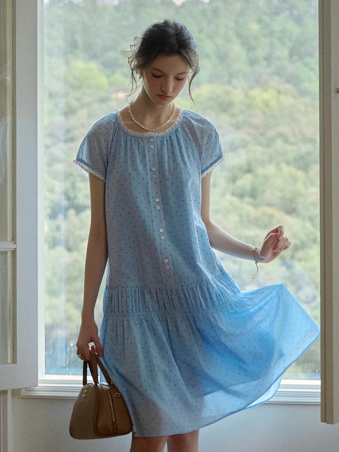 Norah Ruffle Round Neck Dot 100% Cotton Dress