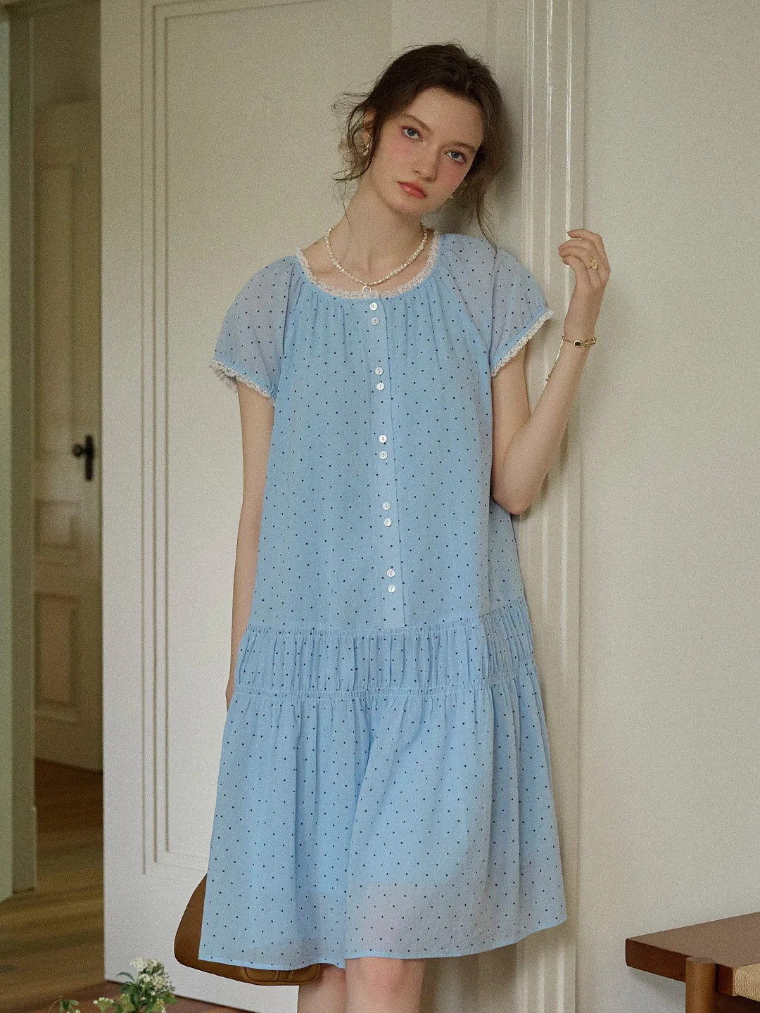 Norah Ruffle Round Neck Dot 100% Cotton Dress