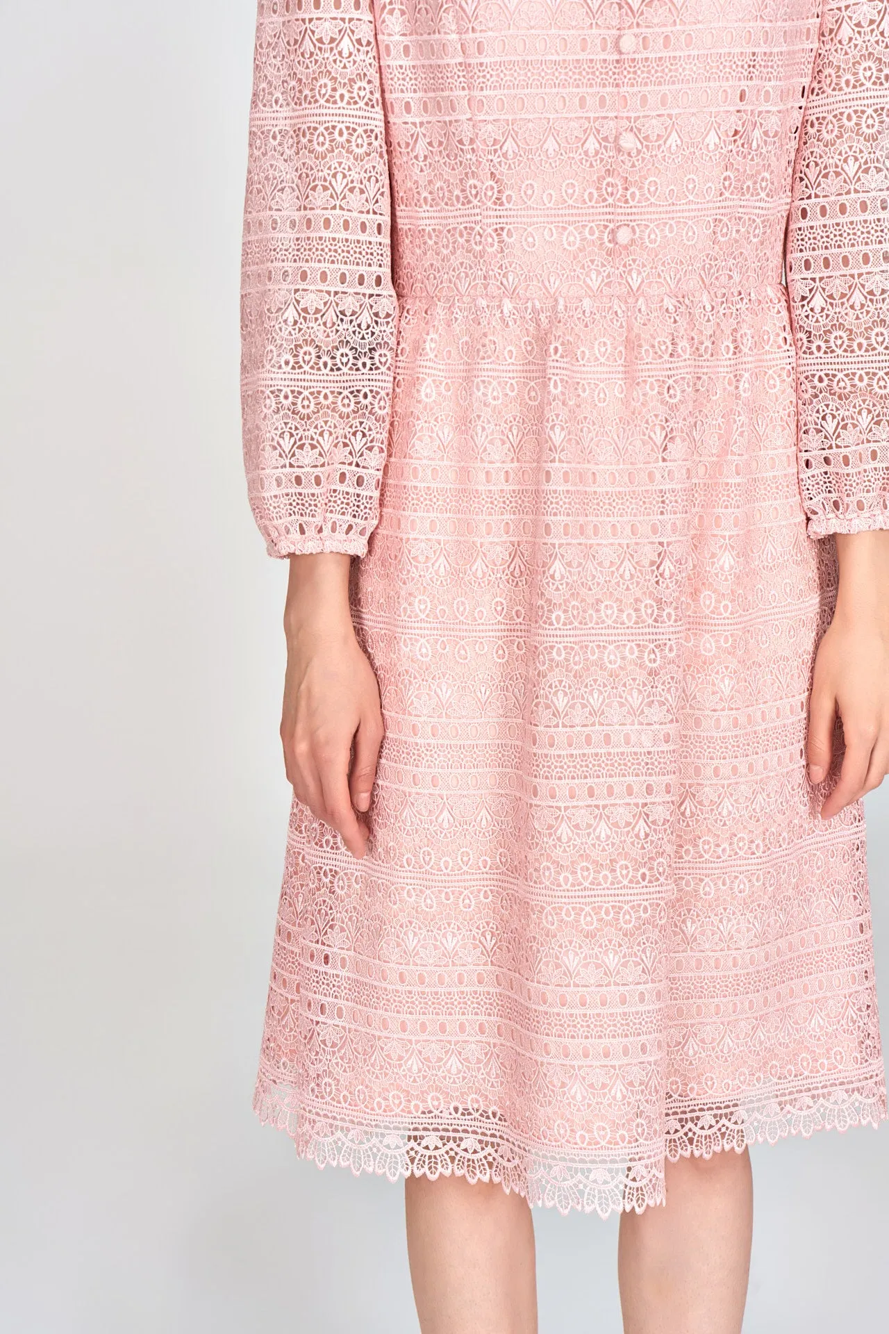 Pink Stand Collar Lace Dress