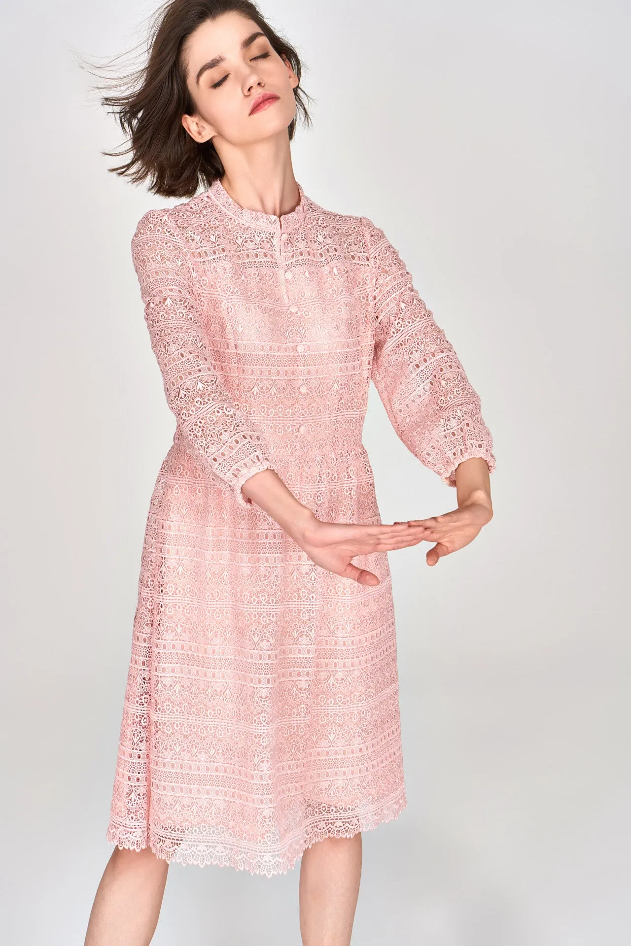 Pink Stand Collar Lace Dress