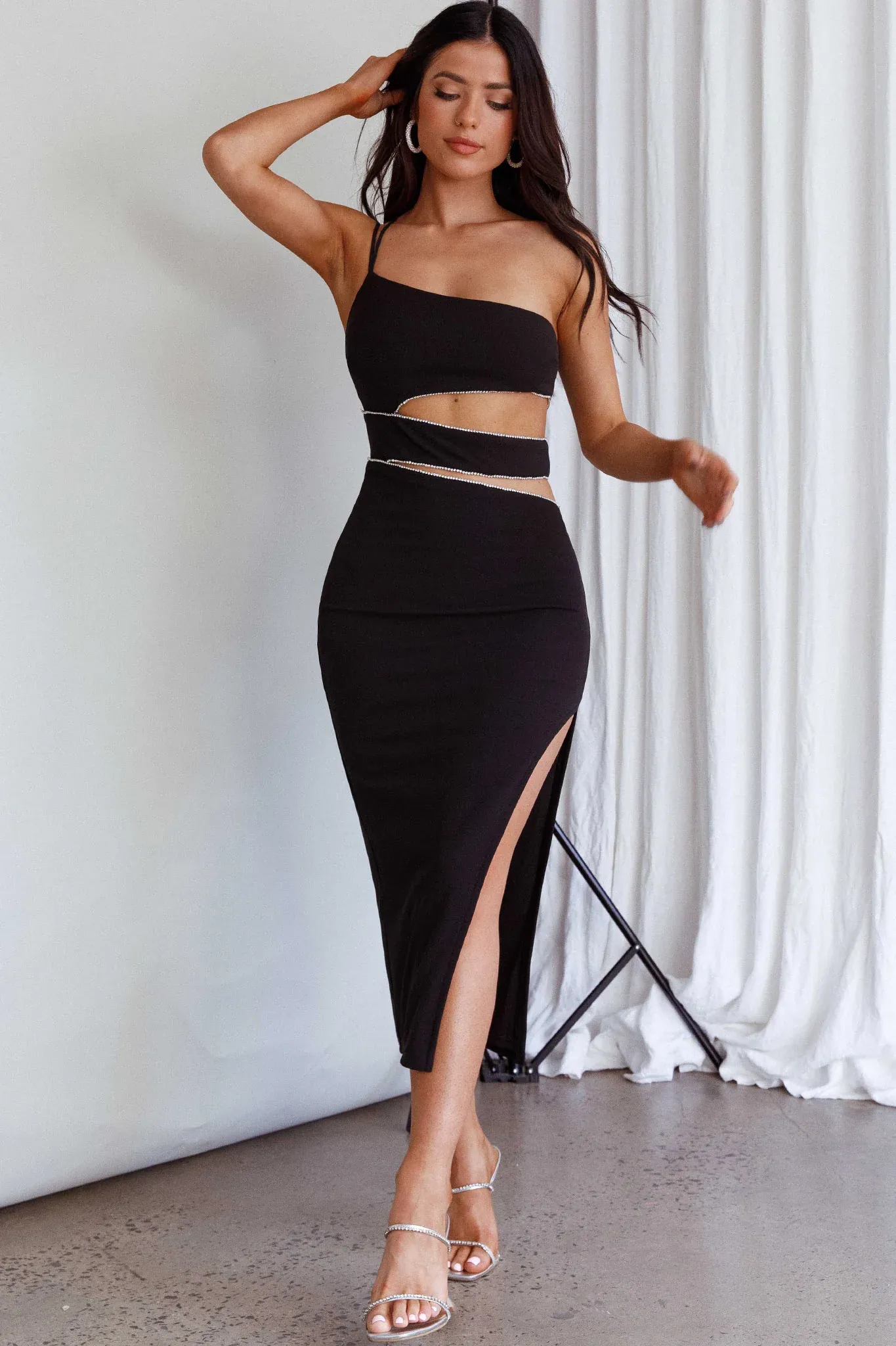 Raye Cut-Out Waist Rhinestone Midi Dress Black