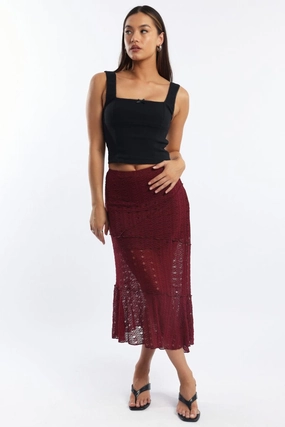 Red Lace Midi Skirt