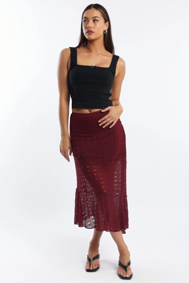Red Lace Midi Skirt