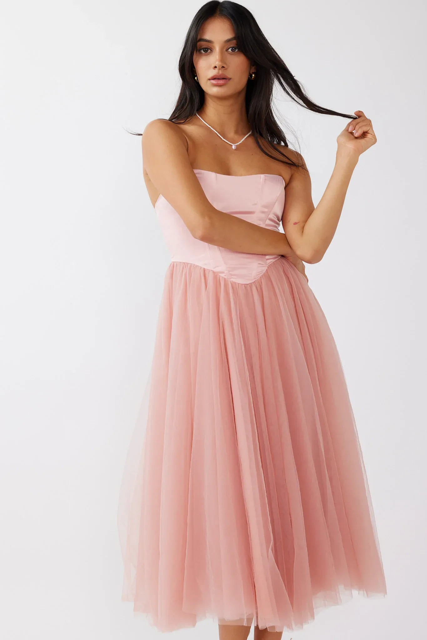 Rosemary Tulle Bustier Midi Dress Pink